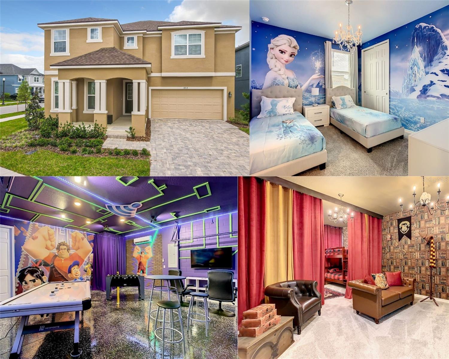 TURN KEY RENTAL HOME!! Feast your eyes on this beautiful 10-bedroom THEMED mansion in beautiful SOLARA resort!! Tastefully decorated and well maintained by current owners! This home has proven rental history and has already been fully optimized to standout in the rental market with multiple THEMED ROOMS including an incredible WRECK-IT RALPH ARCADE THEMED GARAGE conversion complete with a mini split AC unit so the garage can be used even in the hotter times of the year!! In addition to the garage arcade, this home has multiple themed rooms including HARRY POTTER, MICKEY MOUSE, STAR WARS, FROZEN, & MINIONS! It’s no surprise that this home is already a TOP PRODUCER from a rental standpoint! This fully furnished home is ready for a new owner. SOLARA RESORT checks every box from an amenity standpoint with a zero-entry pool, Flow Rider surf simulator, water slides, poolside cabanas, bar and grill, on-site café, state-of-the-art fitness center, yoga lawn, splash zone, playground, marketplace, basketball court, soccer field, and volleyball! Location is excellent being less than 15 minutes from Walt Disney World and with easy access to I-4, US-192, and US-27, the home offers unmatched convenience to Orlando’s top attractions, restaurants, and shopping destinations. This fully furnished home is truly TURNKEY as the association takes care of all the general maintenance of the exterior. This home has been geared up to standout in the short-term rental market and will hit the ground running for the new owner! Don't miss your chance and start making memories that will last a lifetime!! Make this you primary, second home, or investment property as this home comes with future bookings as well!