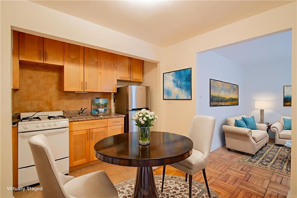 BACK ON THE MARKET!We welcome you to take advantage of the opportunity to own your very own ground level converted studio apartment with separate sleeping area within this vibrant Bay Ridge community. This charming unit is nestled in a beautifully manicured, quiet elevator building minutes away from Bay Ridge's iconic waterfront Shore Road Park. As you enter into this studio apartment, you will be greeted with a newly renovated open kitchen featuring oak cabinets with granite countertops featuring a full-size stainless-steel refrigerator. A table and chairs can comfortably fit in this space. Windowed living room separates kitchen and sleeping quarters featuring beautiful hardwood floors. Separate sleeping quarters feature two adjacent windows giving good airflow and cross-ventilation. This freshly painted unit also features ample storage with 3 storage closets situated adjacent to the kitchen/dining area as well as being located outside the fully tiled windowed bathroom. This meticulously well-kept building with excellent financials offers many amenities and conveniences, including a live-in superintendent, a new intercom system with camera, laundry room in the basement, welcoming newly renovated modern lobby equipped with cameras, bike room, storage room and both indoor and outdoor parking (wait list and addtl fees apply). Cats are allowed. Just minutes to shopping and excellent restaurants, and subway. Also conveniently located near the local and Express Bus to NYC and short distance to the NYC Ferry and access to the BQE, Belt Parkway and entrance to the Verrazano Bridge.