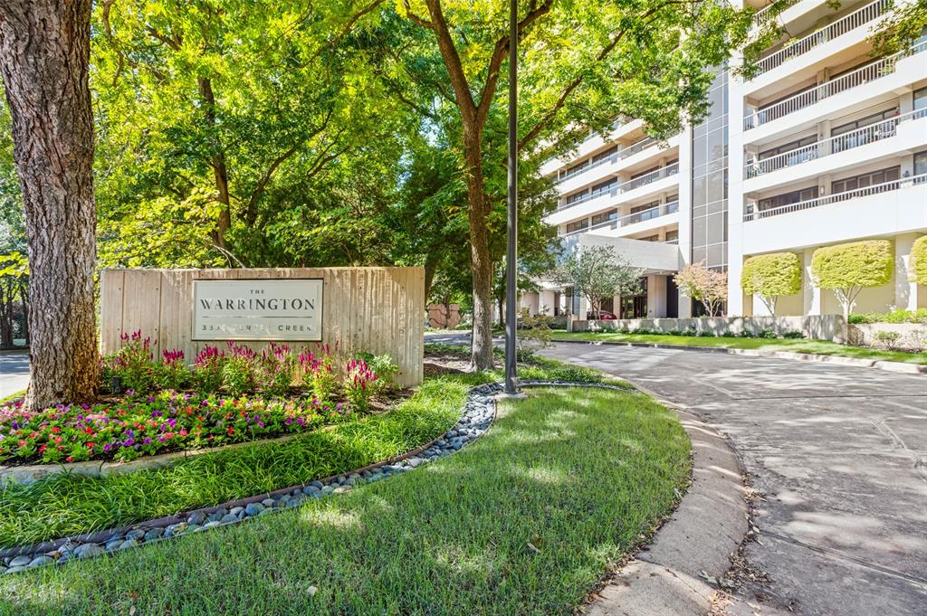 The Warrington is ideally situated in the prestigious Turtle Creek area, known for its lush landscapes, tree lined streets, and serene atmosphere. This luxury high rise boasts some of the largest terraces in Dallas in addition to being known for second to none resident services and amenities.  This beautifully renovated condo with terraces spanning the full length of the north and west sides of the residence is optimally located to capture stunning sunrises and sunsets.  The fully renovated kitchen includes beautiful marble countertops with a gorgeous waterfall edge, sleek flat panel walnut cabinetry and Bosch appliances.  The laundry room includes a second pantry space with an additional exterior entrance.  Stunning wood look tile floors span the entire living space providing an elegant, consistent look throughout.  Each of the three bedrooms include spacious closets with the primary bedroom featuring two closets.  Both bathrooms have been updated with modern floating vanities and sleek countertops.  The primary bathroom includes an oversized walk in shower with bench, linear drain, frosted glass door and multiple shower heads including a rainfall shower head.  This residence includes two reserved parking spaces and an onsite storage unit. Monthly HOA dues include all utilities except electricity, internet, and cable. Additional amenities include a year-round heated salt water pool with a swim-current system, spa, outdoor kitchen with grill, tennis and pickleball court, basketball court, multiple dog parks and a fitness center with renovations underway.  Additional features include an owner's entertaining area with adjacent kitchen, valet parking, 24 hour security and concierge service. The Warrington was awarded High-Rise Property of the Year as well as High-Rise Manager of the Year from the DFW CAI!  Walk to the Katy Trail, Kalita Humphreys Theatre, the only Frank Lloyd Wright designed theatre, Reverchon Park and many wonderful Dallas restaurants and shops.