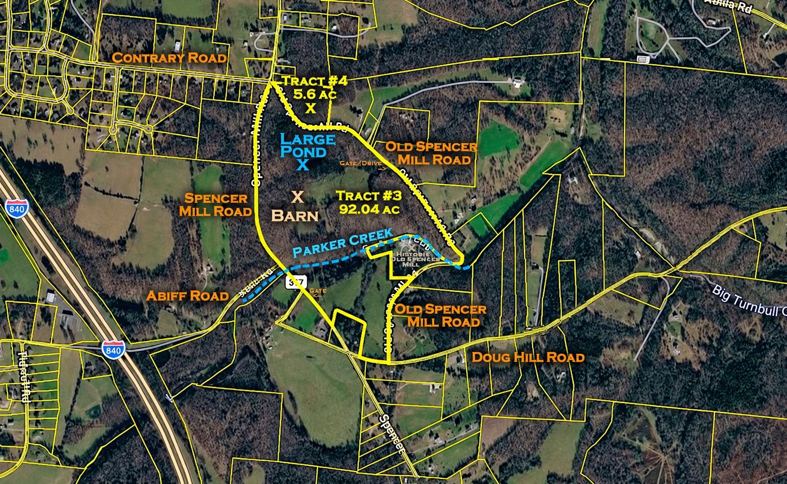 Opportunity!  92 acres surrounded by over 1.5 miles of paved county road frontage (3 roads) and Parker Creek runs through the middle of the property (almost ½ mile of creek frontage).  25-30 acres open with the balance wooded with mature hardwoods.  Old barn, large pond (1/2 ac), nice creek (year-round and rock-bottom), and lots of wildlife (deer, turkeys, wood ducks, and more).  Property borders Historic Old Spencer Mill.  With frontage on Spencer Mill Road (.63 mi), Old Spencer Mill Road (.89 mi), and Doug Hill Road, there are lots of potential building sites on the road and many great private building sites. New survey, city water, natural gas, and Ignite broadband.  This is the one.