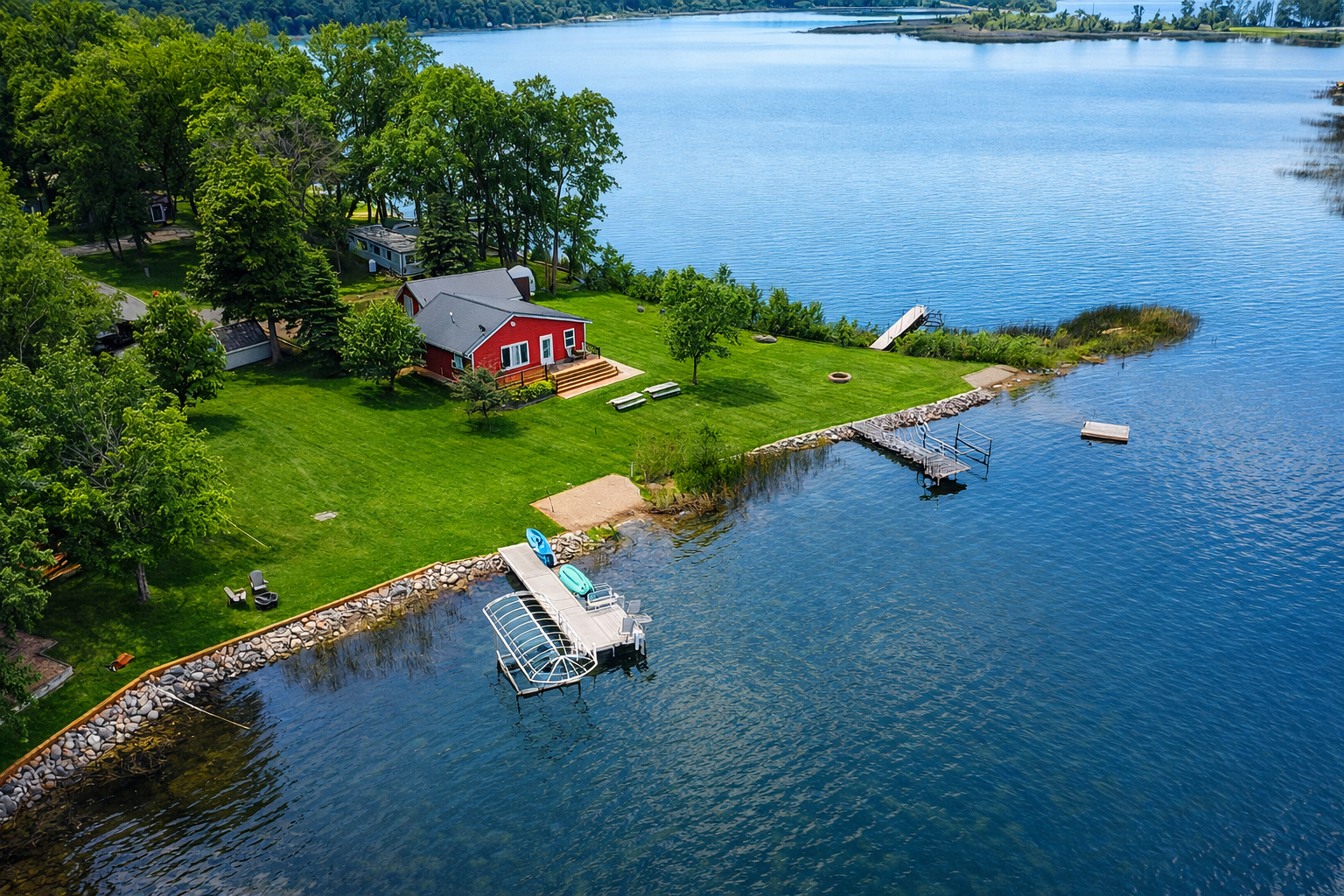 272 feet of shoreline on highly sought-after Maple Island on Maple Lake offers a rare opportunity to own one of the lake’s most private and desirable settings. With expansive water frontage and panoramic views from nearly every angle, this property provides exceptional privacy and a true up-north lake experience. The main home features 2 bedrooms and 1 full bathroom, thoughtfully updated to blend modern comfort with lake charm. Extensive renovations include a remodeled kitchen, updated bathroom, new vinyl siding, and a durable metal roof—providing both style and low-maintenance living. A detached garage includes a bunkhouse bedroom complete with its own bathroom and laundry, offering excellent flexibility for guests, extended stays, or additional recreational space. Whether you are looking for a seasonal retreat, year-round residence, future building site, or investment opportunity, this unique Maple Island property presents exceptional potential. Shoreline properties with this level of privacy and frontage are rarely available. Experience the best of Maple Lake living with this turnkey lake retreat.