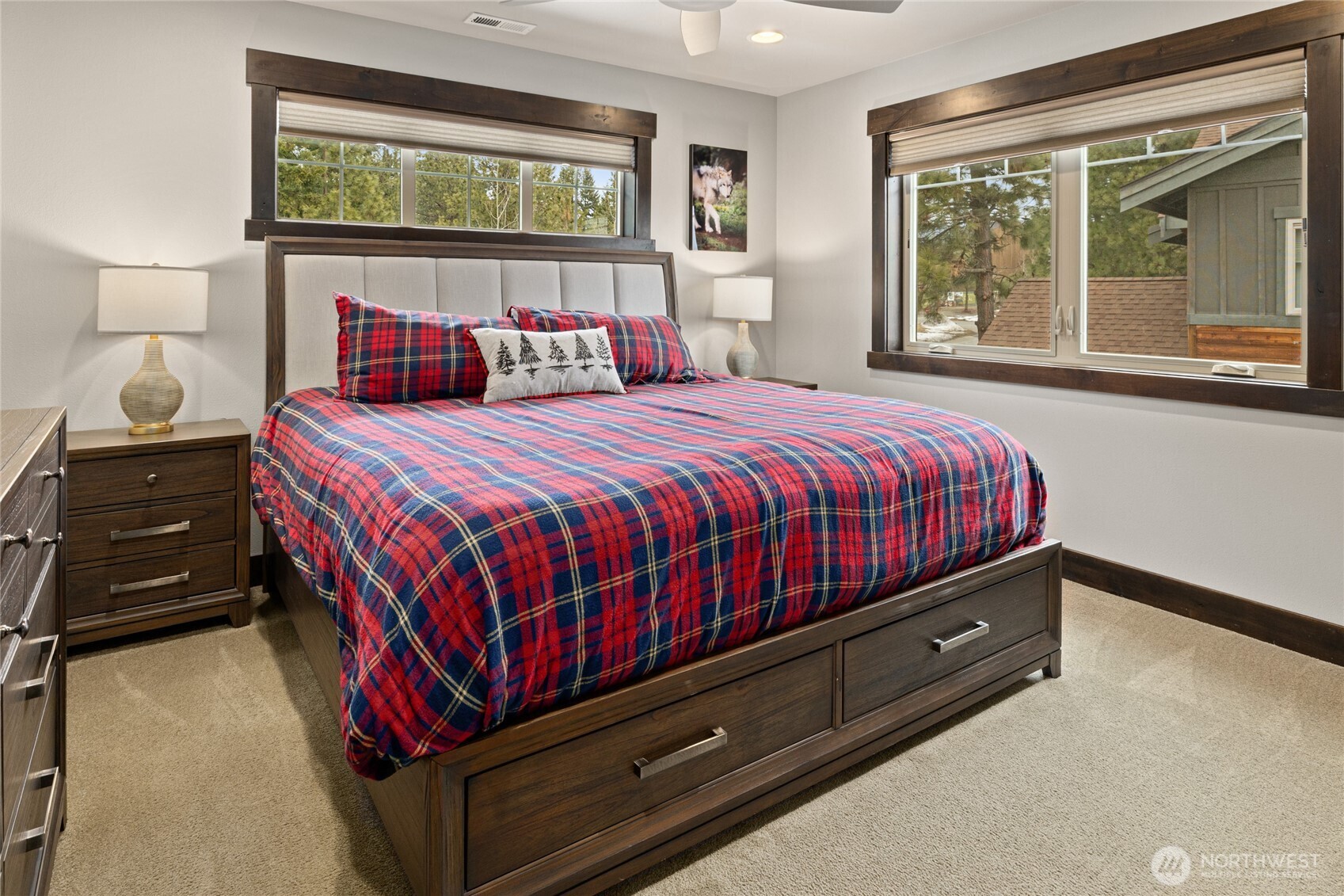 3rd bedroom with King Bed and ceiling fan, TV and full bathroom