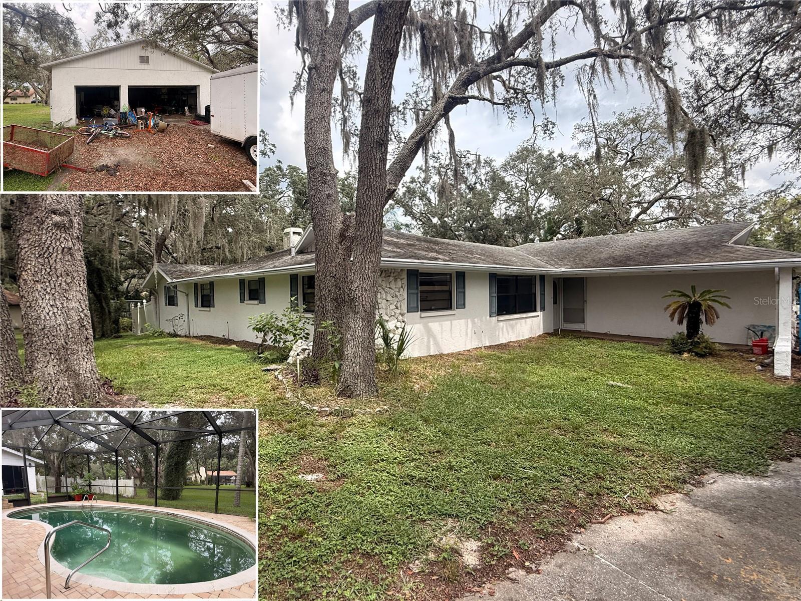 INVESTOR SPECIAL. CASH ONLY. Highest and best due October 2, 2026.POOL HOME...priced to be sold quickly. Needs Work. Needs new roof only because of age of roof. Roof is not leaking. Mostly all cosmetic repairs needed.  1 ACRE LOT. Corner Lot. 5 bedrooms + 3 bathrooms (original garage on the house was converted into 2 bedrooms). Wood-burning fireplace. VERY NICE Detached 6-car garage (30 x 40) with sink/water and electric. Circle driveway. GORGEOUS MATURE OAK TREES!!! Pool is chlorine, has screen enclosure and brick paver patio. Used to have a full mother-in-law suite in the home....can be converted back.Lots of potential. Zestimate $534,700. Realtor shows $524,000. Highest and best due Friday October 2nd. CASH ONLY.