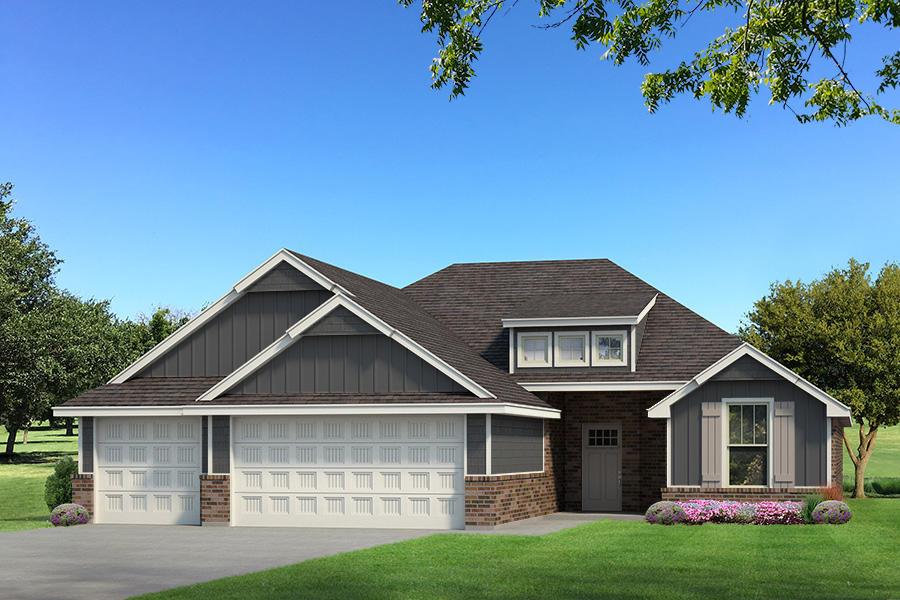 This Hummingbird floor plan features 2,025 Sqft of total living space, which includes 1,800 Sqft of indoor space and 225 Sqft of outdoor living. There is a 565 Sqft, three car garage with an in-ground storm shelter installed. This home offers 4 bedrooms, 2 bathrooms, 2 covered patios, and a large utility room. The great room welcomes a breathtaking cathedral ceiling with crows feet, a cathedral chandelier, a gas fireplace with our stacked stone surround detailing, large windows, rocker switches throughout, wood-look tile, and Cat6 wiring. The high-end kitchen has 3 CM countertops, custom-built cabinets to the ceiling with cabinet hardware installed throughout and under cabinet lighting, stainless steel appliances, a 5-burner cooktop, vogue tile backsplash, stellar pendant lighting, a corner walk-in pantry, and a large center island equipped with a trash can pullout, sink, and dishwasher. The elegant primary suite has a sloped ceiling detail with a ceiling fan, windows, Cat6 wiring, and our cozy carpet finish. The attached spa-like bath includes a dual sink vanity with framed mirrors, TWO spacious walk-in closets, a roomy European walk-in shower, and a free-standing tub. Secondary bedrooms feature high ceilings with ceiling fans, windows, spacious closets, and carpeted flooring. The covered back patio offers a wood burning fireplace, a TV hookup, and a gas line for your grill. Other amenities include Healthy Home Technology, a fresh air ventilation system, a tankless water heater, R-44 insulation, and more!