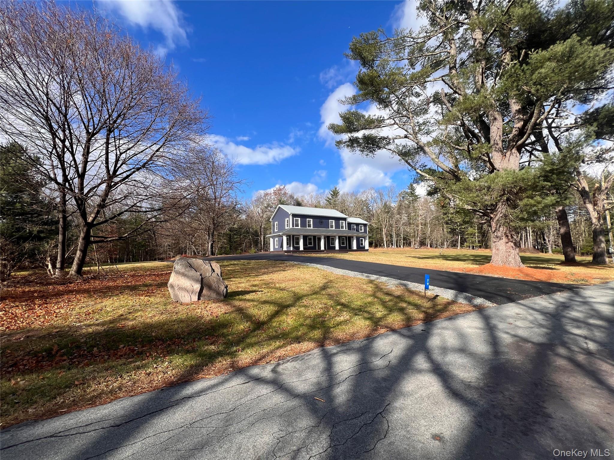 View of front facade featuring a front yard, covered porch, driveway, and a forest view