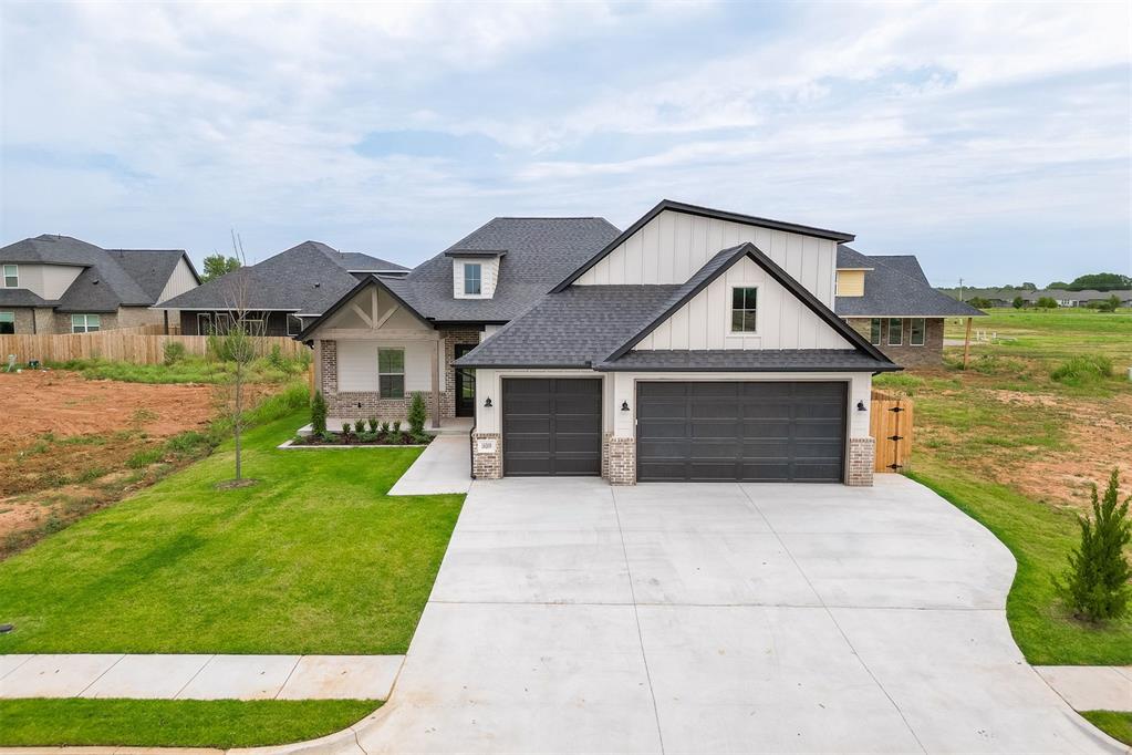 So many upgrades at no additional cost to the buyer! POND-FACING, Brand-new, beautifully designed 4-bedroom, 3-bath home offering 2,488 square feet of thoughtfully crafted living space, to be completed and move-in ready this summer. From the moment you walk in, you’re greeted by a stunning fireplace that anchors the main living area and sets the tone for the home’s elevated design. The kitchen is truly the heart of the home, featuring an oversized island with double sinks, a gas cooktop, built-in ovens, a large walk-in pantry, and abundant cabinetry, perfect for both everyday living and entertaining. Wood-look tile flooring flows through the main areas, combining durability with a warm, modern aesthetic. The primary suite is a private retreat, complete with a soaking tub, separate walk-in shower, dual vanities, and an expansive closet that conveniently connects to the utility room. Upstairs, a versatile bonus room offers the perfect space for a second living area, media room, or home office. Storage is a standout feature throughout, with multiple linen closets and thoughtfully placed storage spaces designed to keep everything organized and out of sight. Step outside to a huge covered back patio, ideal for relaxing evenings or hosting gatherings year-round. Additional features include a sprinkler system and tankless water heater for efficiency and convenience. This gorgeous home is located in the desirable community of Sanabria, a quiet and peaceful neighborhood equipped with a fitness center, resort-style pool and only minutes from Norman, Downtown OKC, Edmond and Tinker Air Force Base and in the Moore School District.