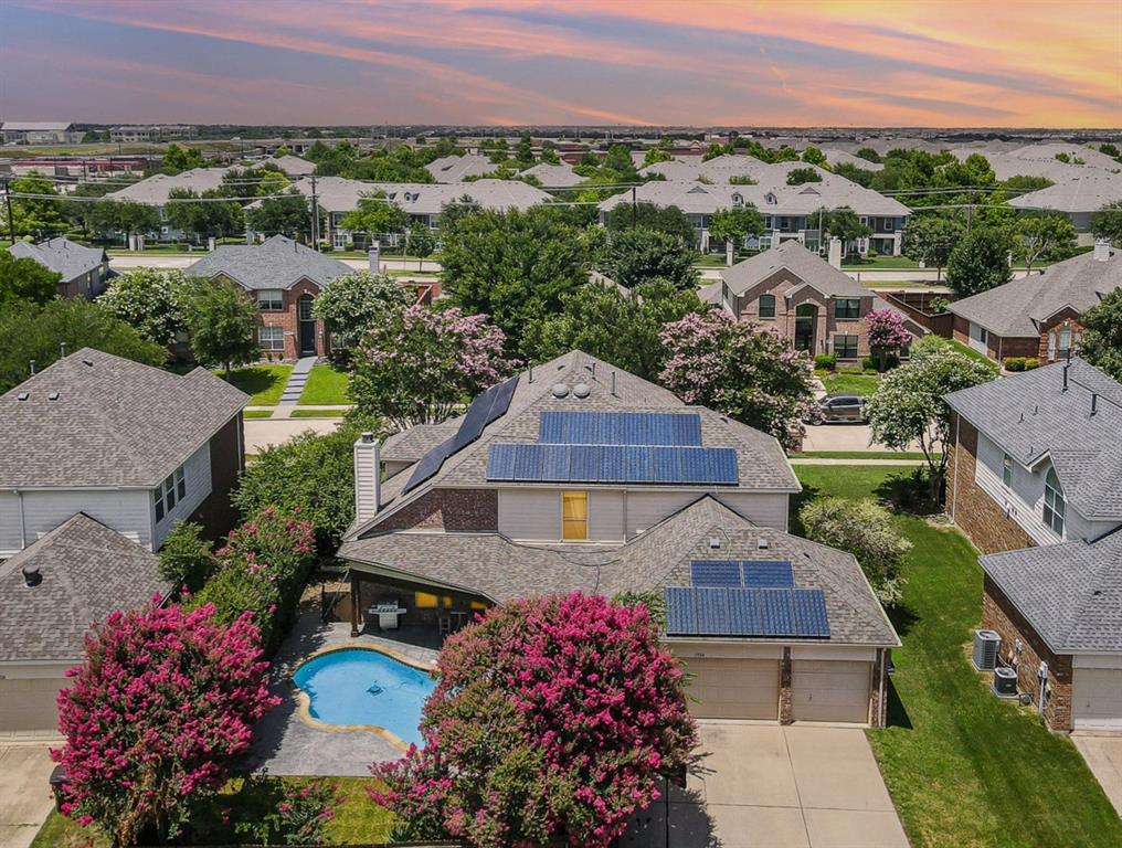 PREMIER LOCATION, MOVE-IN READY, NORTH FACING, SOLAR SYSTEM PAID OFF! Welcome to 3720 Estacado Lane, a stunning home located in the highly sought-after Ridgeview Park subdivision, just minutes from Legacy West, Stonebriar Mall, and zoned for top-rated Frisco ISD schools. Situated on a quiet street, this amazing residence offers the perfect blend of elegance, space, and convenience - with a private swimming pool, ideal for enjoying the Texas summer. This beautifully updated home features 5 bedrooms, 3 full bathrooms, and a 3-car garage, spread across 3352 SF of thoughtfully designed living space. Inside, you'll find a bright and open layout with soaring ceilings, a cozy brick fireplace, and beautiful finishes throughout. The kitchen is a chef’s dream, complete with granite countertops, stainless steel appliances, and a center island that flows effortlessly into the dining and living areas. The spacious primary suite offers a spa-like bath with a brand-new walk-in shower, garden tub, dual vanity, and a large walk-in closet. The first floor also includes a versatile second living area, a guest bedroom, and a full bathroom. Upstairs, enjoy a generous game room and three additional bedrooms share an updated full bath. Outside, the private backyard oasis features a pool, surrounded by ample space for relaxing, dining, and entertaining. Whether you're hosting friends or enjoying a quiet evening under the stars, this backyard is your own personal retreat. Roof (2023), HVAC (2024), Solar panel system (2016). Just steps away, the neighborhood offers access to a community pool, tennis courts, and basketball courts. With quick access to SH-121, DNT, top shopping and dining destinations, and family-friendly parks like Russell Creek and Hidden Meadow, this home checks every box for both lifestyle and location. Don’t miss your opportunity to own this GEM! Schedule your private showing today!