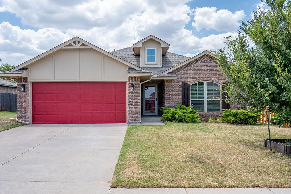 This well-maintained home offers thoughtful updates and desirable features throughout. Recent improvements include a storm shelter added in 2021, north-side fencing in 2021, a sprinkler system installed in 2022, storm doors added in 2023, gutters installed in 2024, concrete slabs for trash cans added in 2022, and LVP flooring installed in 2025. The open living, kitchen, and dining areas feature elevated ceilings and a fireplace in the living room. The kitchen provides a functional layout for everyday living and entertaining. The primary bedroom features a tray ceiling and an ensuite bathroom with a dual-sink vanity, garden tub, and separate shower. Additional features include a tankless hot water heater. Enjoy neighborhood amenities including a pool, clubhouse, and fitness center.