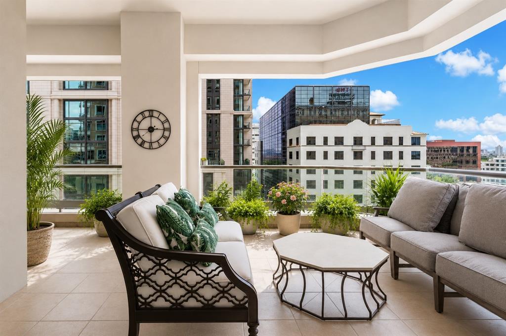Custom designed from a shell, with all the bells & whistles you'd expect in an Uptown Stoneleigh Residence. Direct access elevator to the private vestibule sporting a Panda Marble wall. Beautiful herringbone hardwood floors grace the living areas as well as enamel & brass doors, 10 ft ceilings, custom window treatments & a Sonos Audio Visual system. The entry spills out into a Living Room anchored by an Empress Green marble see-through fireplace wall. There is plenty of room to expand the Living Room or the Dining Room toward the windows. The custom venthood, Belvedere marble counters & backsplash contribute to a dramatic Chef's Kitchen with an oversized island-breakfast bar, premium appliances & ample custom cabinetry including pantry. A designer chandelier adorns the generous flexible Dining Area overlooking one of two balconies. Enjoy morning coffee or evening cocktails on the larger balcony, which has room for lounging & dining overlooking Uptown. The Second balcony is off of the Den, which can easily be converted to a second bedroom. It has a see-through fireplace, a wall of closets, an ensuite Bath which boasts marble from The Stone Collective as well as a Clearlight Infrared Sauna Sanctuary 2-F’s 2 Person, Full Spectrum Cedar Wood, Bluetooth & MP3 Audio Connections, Digital Control with Smartphone & Tablet Control Capability; Color Light Therapy. The luxurious Primary Suite has stone floors & plenty of room for a sitting area, or two overlooking the balcony. The ensuite Primary bath is a jewel with Botanic Wave Marble vanities, a TV in the mirror, no-see film on the window, separate soaking tub & shower & a beautiful Chanel-type closet. White-glove service including concierge, valet, an impressive two-story Lobby, 3 conference rooms, an owner's lounge, a 20-person theater, reception & banquet rooms with a catering kitchen, a waterfall pool with spa, two outdoor fireplaces & grills, a grand lawn & pet park, a state of the art fitness center with steam & sauna.