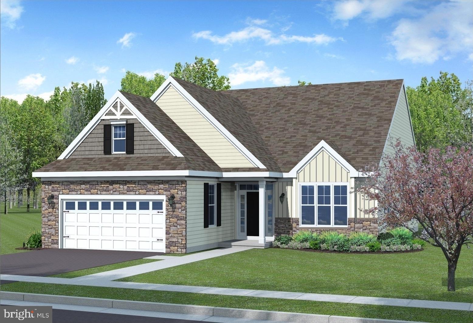 The Larkspur Craftsman on Homesite #521 offers 3 bedrooms, 2 baths, a covered patio, and 2 car garage.*Sample rendering shown