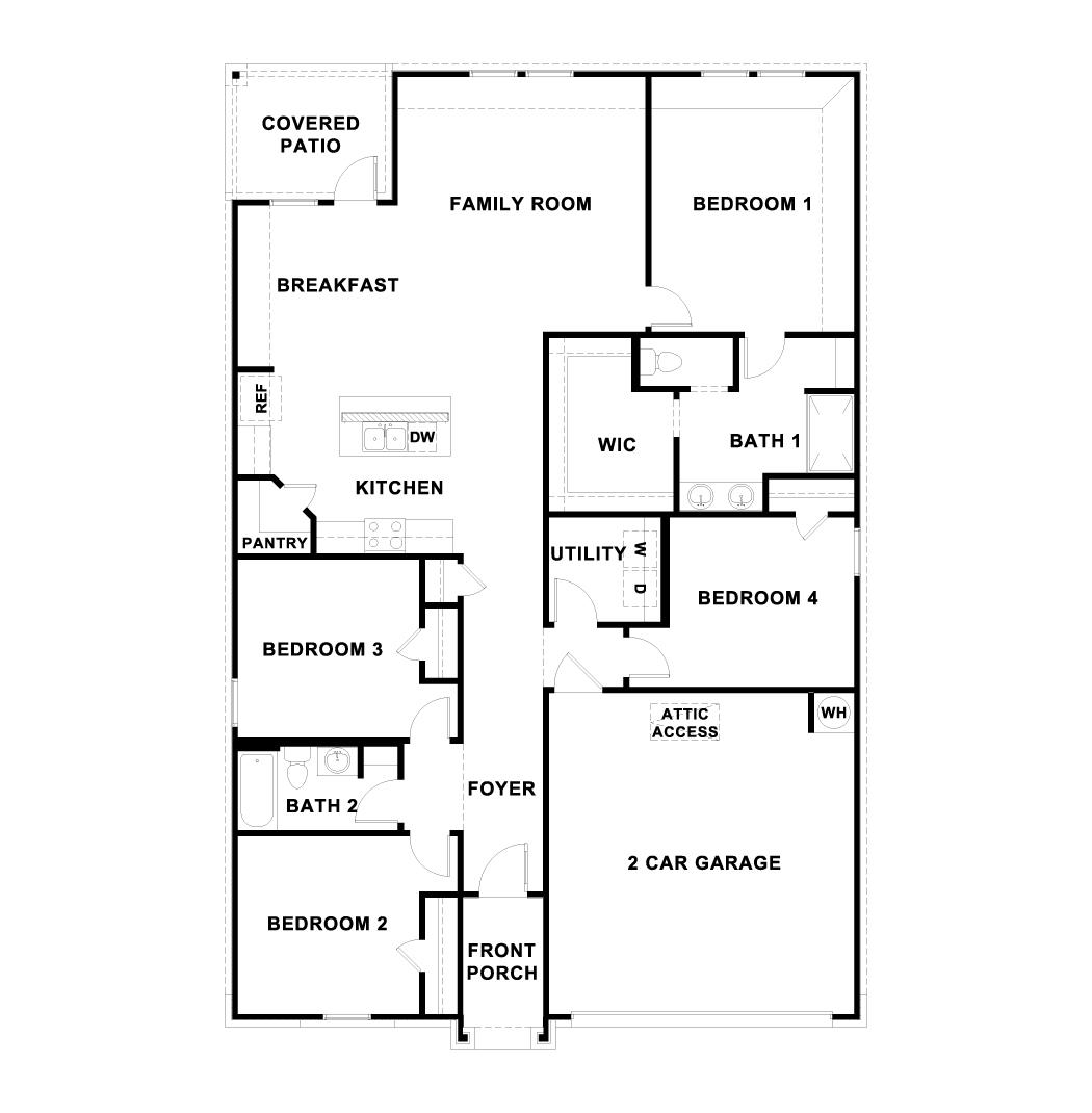 MAY ESTIMATED COMPLETION DATE. Images are representative of plan and may vary as built.   The Irvine is a single story 1,858 sq ft home offering 4 bedrooms and 2 bathrooms in out Thunder Rock community in Marble Falls, TX.       As you enter the home, you will pass all three secondary bedrooms and the full secondary bathroom. Continuing down the foyer, you will enter the open kitchen overlooking the living and dining area. The kitchen features quartz countertops, stainless steel appliances, a walk in pantry and a kitchen island. Enjoy the main bedroom, bedroom 1, located off the family room featuring an ensuite with a huge walk in closet and walk in shower.    This home comes included with a professionally designed landscape package and a full irrigation system as well as our America's Smart Home® package that offers devices such as the Qolsys IQ Panel, Video Doorbell, Alarm.com app, Honeywell Thermostat, Deako Smart Light Switch, Kwikset Smart lock, and more.