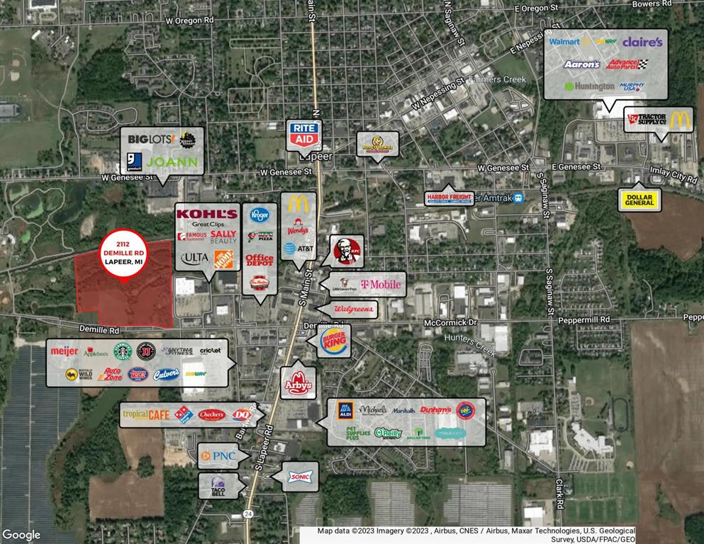 Discover the potential of this +/- 14 acre property in Lapeer, MI! Split C - from the 43 acre parent parcel, this proposed 14 acre parcel would have approximately 390 ft of frontage. Its prime location is nestled near retail giants like Kohl's, Home Depot, NCG Theaters, and Ulta, while directly across the street are Meijer, Applebee's, and the Blind Fish Restaurant. The property's current zoning is single-family, but the city is ready to rezone to accommodate an array of development opportunities including big box retail, a regional shopping center, or a multi-family project with a natural water feature. All utilities, including water, sewer, gas, and electric, are conveniently located at the road. This location is surrounded by amenities, with the Oakdale Trail to the west and Cramton Park to the east.