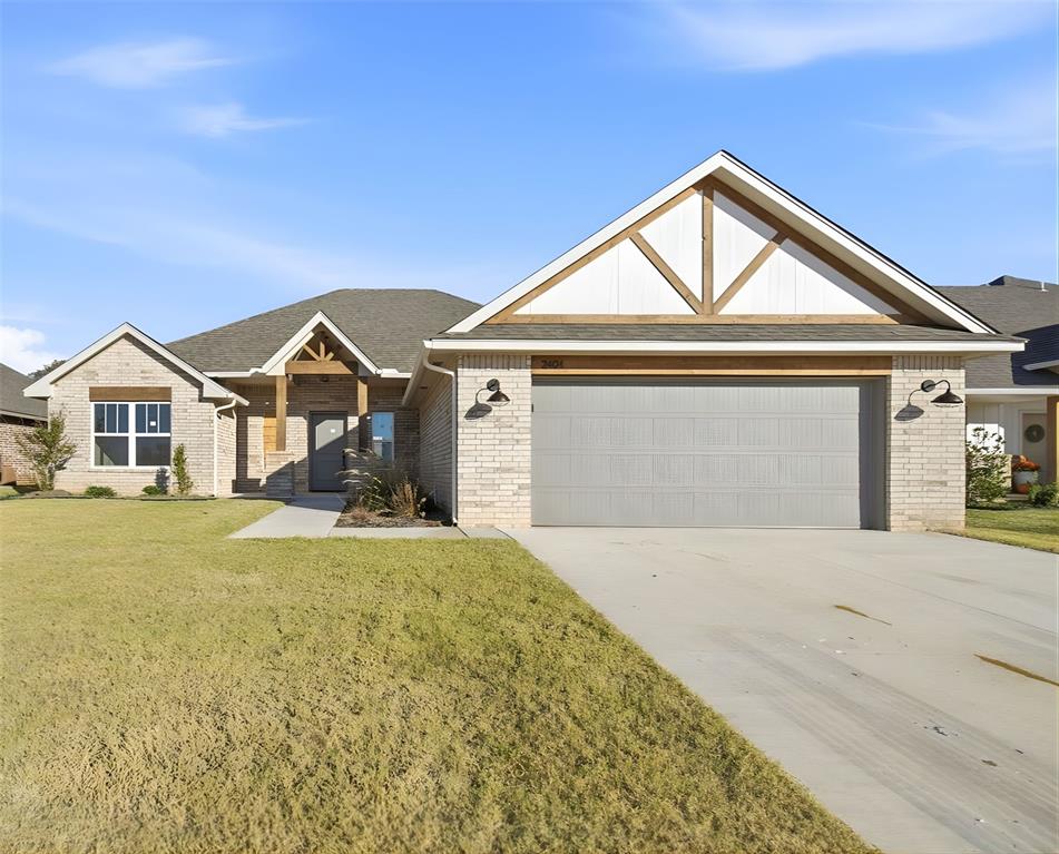 Welcome to your new home in the charming Edgewater community! This inviting 3 bedroom home with a study /  or 4 bed offers a perfect blend of comfort and functionality. The primary bedroom located opposite side of plan from two secondary beds, features a walk-in closet, a soaking tub, and fully tiled walk-in shower—ideal for unwinding after a long day. The heart of the home is the cozy living room, highlighted by an electric fireplace that adds a touch of warmth and ambiance, large windows for natural light from the covered patio, and wood-tiled flooring for easy maintenance. The well-appointed kitchen with center island and a pantry, make meal preparation and storage a breeze. Convenience is key, with a utility room that provides easy access from the garage. This home offers ample storage options including linen and coat closets. Located in the fully completed Edgewater Community, this home offers the best of both worlds: quality reputable local construction and the convenience of urban amenities. Situated off SE 19th Street in Moore, between Bryant and Sunnylane, you'll find easy access to I-35 and Tinker AFB. Enjoy the proximity to shopping, entertainment, and dining options, all while savoring the peaceful, country-like community atmosphere just moments from town.  This is a short-sale; please inquire where the selling party is within the process to determine if this timeline matches your moving timeline. Property taxes have not been assessed and updated; showing taxes on lot only.