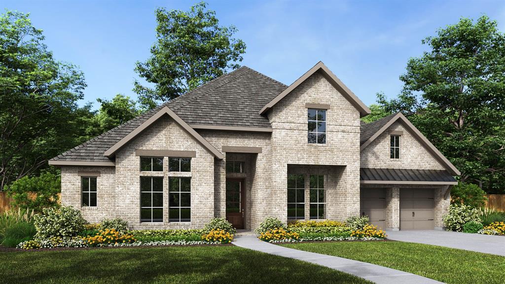 Home office with French doors set at entry. Formal dining room and game room with French doors frame extended entry. Family room with a sliding glass door and fireplace opens to morning area and kitchen. Kitchen hosts elongated island with built-in seating space. Primary suite includes bedroom with wall of windows. Dual vanities, freestanding tub, separate glass-enclosed shower and large walk-in closet in primary bath. All secondary bedrooms feature private baths. Soaring ceilings and large windows add to this generous four-bedroom design. Extended covered backyard patio with outdoor grill. Mud room leads to three-car garage.