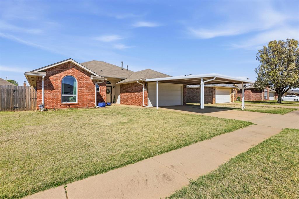 Welcome Home!This very inviting home offers charm, comfort, and thoughtful features throughout. Step into the spacious living area, with beautiful wood flooring and a cozy fireplace creating the perfect atmosphere for relaxing or entertaining.The well-designed kitchen includes a convenient pantry and flows easily into the dining area, highlighted by a lovely bay window that frames peaceful outdoor views.Enjoy a private Owner’s Suite complete with its own bath—your own retreat at the end of the day.Outdoor living is effortless with a large covered patio, ideal for gatherings or quiet evenings. Additional features include an above-ground storm shelter located in the garage, an additional two-car carport and pre-wired electrical setup for connecting your generator, offering peace of mind during Oklahoma weather.This home is comfortable, practical, and full of life—come make it yours!
