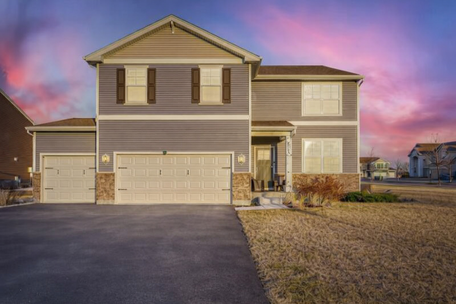 BETTER THAN NEW with a 3-CAR GARAGE on a PREMIUM CORNER LOT in the established Ashcroft Place community of Oswego! This stunning Henley model offers over 2,600 square feet of beautifully designed living space featuring 4 bedrooms, 2.5 bathrooms, and thoughtful upgrades throughout.  A charming covered front porch welcomes you into a spacious foyer with a private den/office-perfect for working from home. The main level features 9-foot ceilings and an open-concept layout ideal for everyday living and entertaining.  The gorgeous kitchen is the heart of the home, showcasing quartz countertops, a large center island, designer cabinetry, walk-in pantry, and upgraded LG stainless steel appliances including refrigerator, washer, and dryer. The rear of the home opens to a bright dining area and expansive great room, along with mud room next to the garage entrance, 1/2 bath and large walk in closet on main floor.  Upstairs, the spacious primary suite features a private bath and an oversized walk-in closet. Three additional bedrooms, a full bathroom, a generous loft, and a large laundry room complete the second level.    Step outside and enjoy the beautifully maintained corner lot with a newly built deck and patio-perfect for relaxing or entertaining outdoors.  Additional highlights include smart home technology, security system with Blink cameras, professional landscaping, and move-in-ready condition with upgrades already completed.  Why wait for new construction when this home offers more space, premium upgrades, and immediate availability?