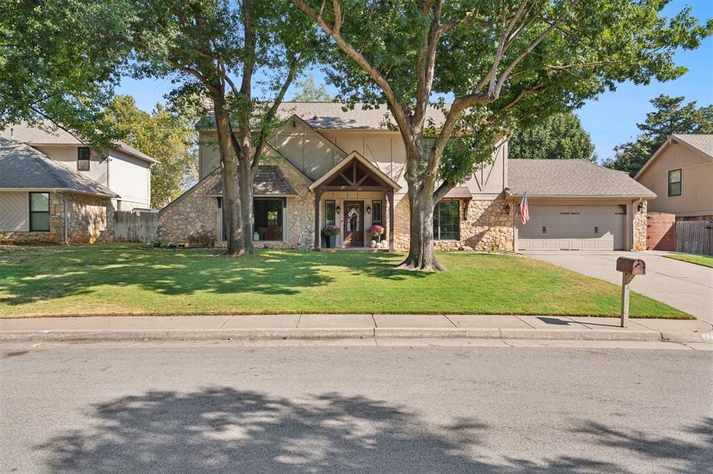 Welcome to your dream home located in a peaceful and quiet SE Edmond neighborhood. Nestled among mature trees on a spacious lot, this beautifully updated residence offers a perfect blend of comfort, style, and functionality — both inside and out. Step into your private and spacious backyard retreat featuring newly installed grass turf, a custom putting green, and an inviting in-ground pool — ideal for relaxing or entertaining. Enjoy year-round, outdoor living with a covered patio, separate pergola and pad, full sprinkler and mosquito control system to keep things lush and comfortable. Inside, you'll find thoughtful upgrades throughout, with special attention paid to the gourmet kitchen with double ovens and a luxurious master suite. Retreat to the completely renovated master bath complemented by a master closet organized using the Container Store system. The open layout is filled with natural light, enhanced by remote-controlled blinds for added ease. Additional highlights include an in-ground storm shelter, cedar privacy fence, newer upper level A/C unit, tilt in windows throughout w/screens, electric for hot tub, PLUS two hidden cabinet doors on the side of the pantry...and other features that elevate everyday living. This is a must-see!