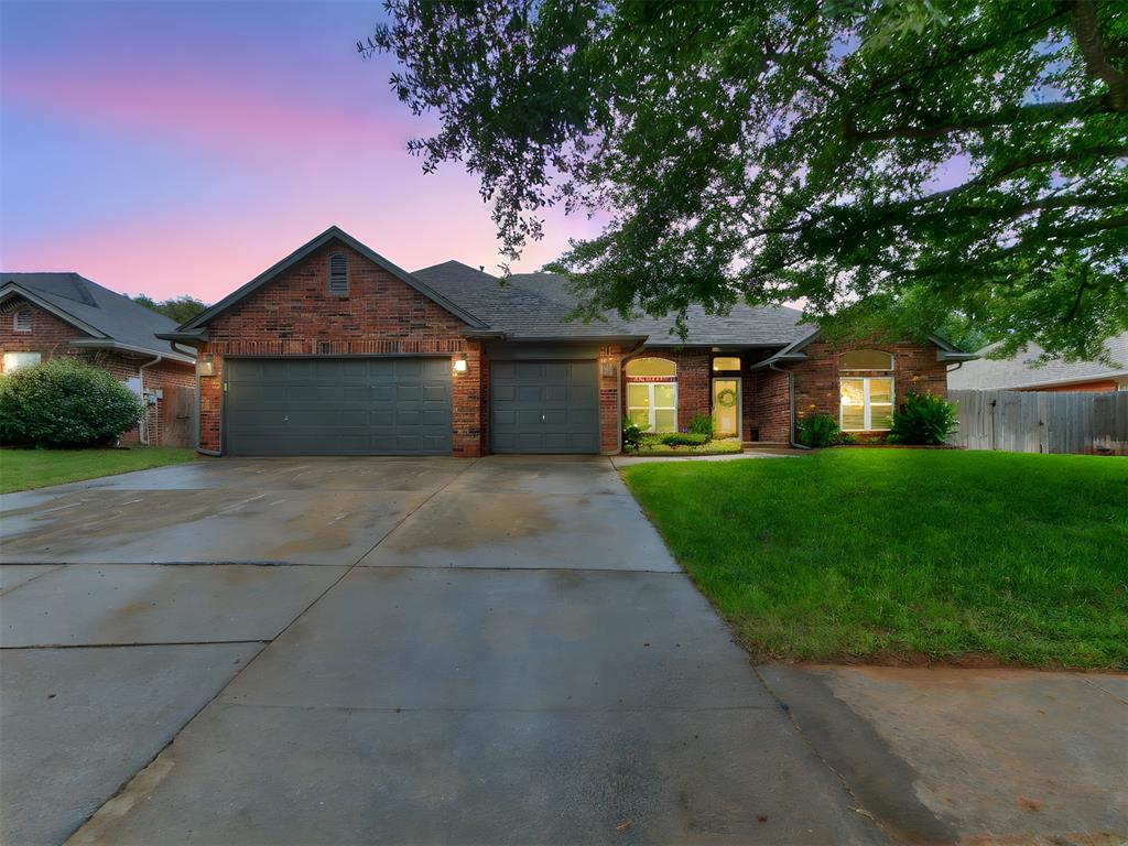 Welcome to this beautifully updated 3-bedroom, 2-bath home with a rare 3-car garage and storm shelter in the sought-after Trails addition of Edmond. Step inside to a spacious open floor plan featuring 10’ ceilings in the kitchen, dining, and living room, a cozy fireplace, and Pergo wood-look vinyl floors throughout for style and durability.

The kitchen shines with under-cabinet lighting, ample granite counter space, and a bright breakfast nook that flows seamlessly into the main living areas — perfect for entertaining. The home is equipped with smart switches in common areas, offering convenience and connectivity. 

Retreat to the oversized primary suite with cathedral ceilings, a spa-like bath including a garden tub, double vanity, walk-in glass shower, and fresh tile throughout. Secondary bedrooms are generously sized with excellent storage.

Enjoy evenings outdoors on the expanded patio, ideal for entertaining, grilling, or simply relaxing under the Oklahoma sky. With updated systems and contemporary finishes, this home is truly move-in ready, combining modern design with everyday comfort.

Conveniently located near shopping, dining, and Edmond schools, this home has everything you’re looking for — inside and out.

New windows throughout installed August 2025. Condenser and furnace replaced 2018. Water heater replaced August 2025. Custom-fitted, commercial-grade holiday lights included. 

OWNER AGENT