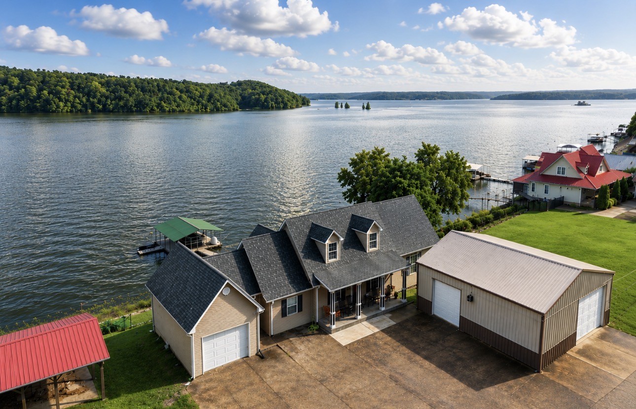 Welcome to luxury lakefront living. This exceptional 3-bedroom, 2.5-bath waterfront home offers 2,764 square feet of thoughtfully designed living space with year-round, full-time lake access and breathtaking panoramic water views. Conveniently located just a half mile from Danville Landing Park and boat ramp, you’ll enjoy effortless access to the water while coming home to your own private retreat.The heart of the home is a beautifully appointed chef’s kitchen featuring premium finishes and spectacular lake views that make every meal unforgettable. The open-concept layout flows seamlessly into the living and dining areas, creating the perfect space for entertaining or simply soaking in the beauty of the lake.Retreat to the luxurious primary suite, where expansive lake views, sliding glass doors, and electric blinds create a peaceful, resort-style escape. Oversized closets, a spacious pantry, and abundant storage throughout the home offer the perfect balance of luxury and functionality.A standout feature is the impressive 30’ x 40’ detached garage, complete with multiple overhead doors, providing exceptional space for boats, vehicles, lake toys, workshop equipment, or additional storage.Step outside to your private dock with ample room for a boat and multiple jet skis, making every day on the water effortless. Whether you’re searching for a luxury primary residence, a weekend retreat, or a premier waterfront investment, this remarkable property offers the lake lifestyle you’ve always dreamed of.