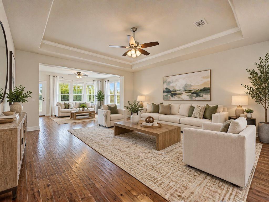 A Rare Find in Frisco Lakes, Martin Ray Floorplan with an incredible sunroom and private backyard! From the moment you enter, you'll appreciate the inviting open layout, rich hardwood floors, elegant tray ceiling, and thoughtful design that make this home perfect for both everyday living and entertaining. The kitchen features beautiful granite countertops, stainless steel appliances, a large kitchen island, butler's panty, and huge walk-in pantry. The true showstopper is the bonus sunroom spanning the back of the home! Surrounded by windows and filled with natural light, this incredible space offers endless possibilities for relaxing, entertaining, morning coffee, game nights, or simply enjoying the peaceful backyard. Beautiful, mature landscaping creates a lush, tranquil setting, while the brick wall along the rear property line provides an added sense of privacy with no direct rear-facing neighbors. The new owner will love the impressive 26-foot-deep garage, offering valuable extra room for vehicles, storage, or hobbies. Frisco Lakes offers an award-winning active adult lifestyle with three amenity centers, indoor and outdoor swimming pools, state-of-the-art fitness centers, pickleball and tennis courts, miles of scenic walking and biking trails, over 100 clubs and activities, and an 18-hole championship golf course. Conveniently located near premier shopping, dining, healthcare, and entertainment, this exceptional home offers the perfect combination of modern updates, low-maintenance living, and the vibrant lifestyle that makes Frisco Lakes one of North Texas' most desirable 55+ communities.