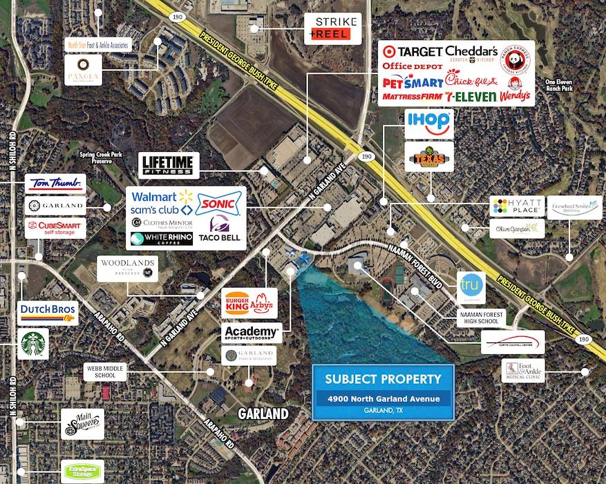 Mixed use development coming soon: shopping, restaurant, & build to suite.

Zoning: PD CR

The following have been completed in the land:
  -Driveways from both North Garland and Naaman Forest Blvd including Left Turn Lanes 
  -Storm Sewer at property
  -Water at property
  -Detention 
  -Electric conduit all the way from transformer to the Academy sign
  -Tree Mitigation and lot clearing