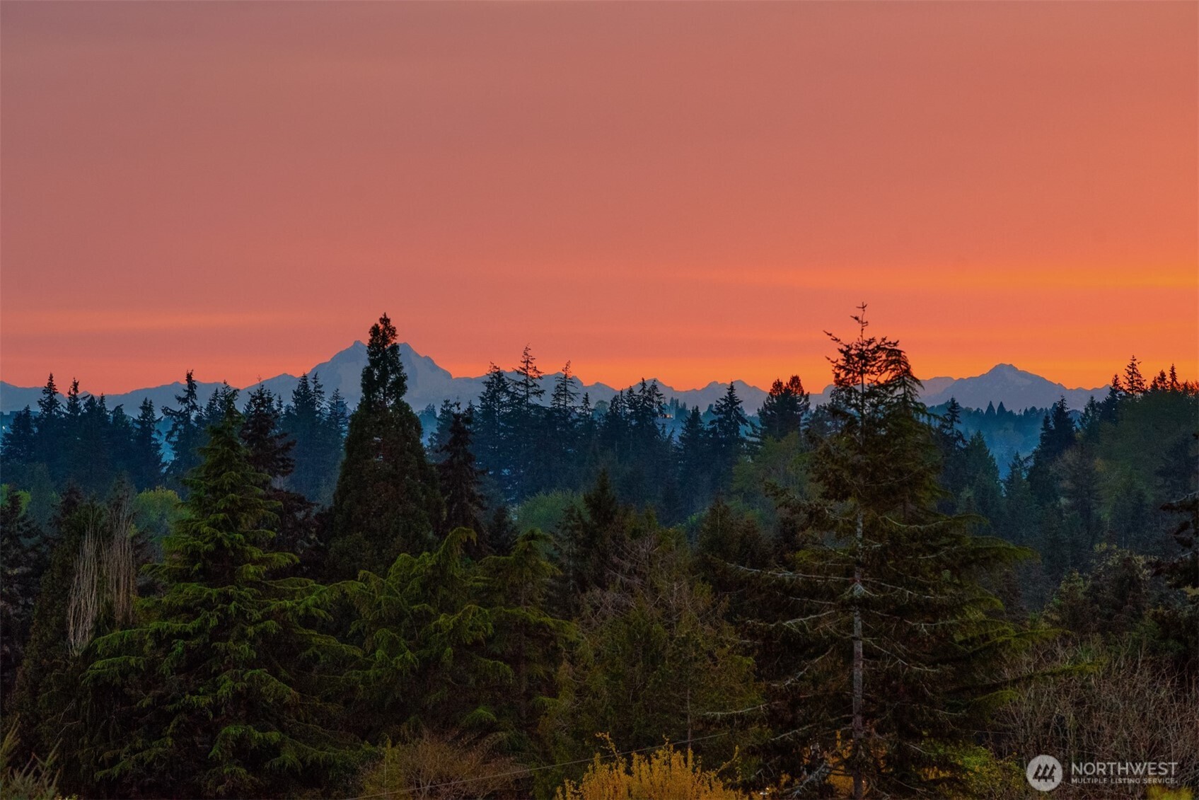 Panoramic outlook with dramatic sunset views over the Pacific Northwest landscape.