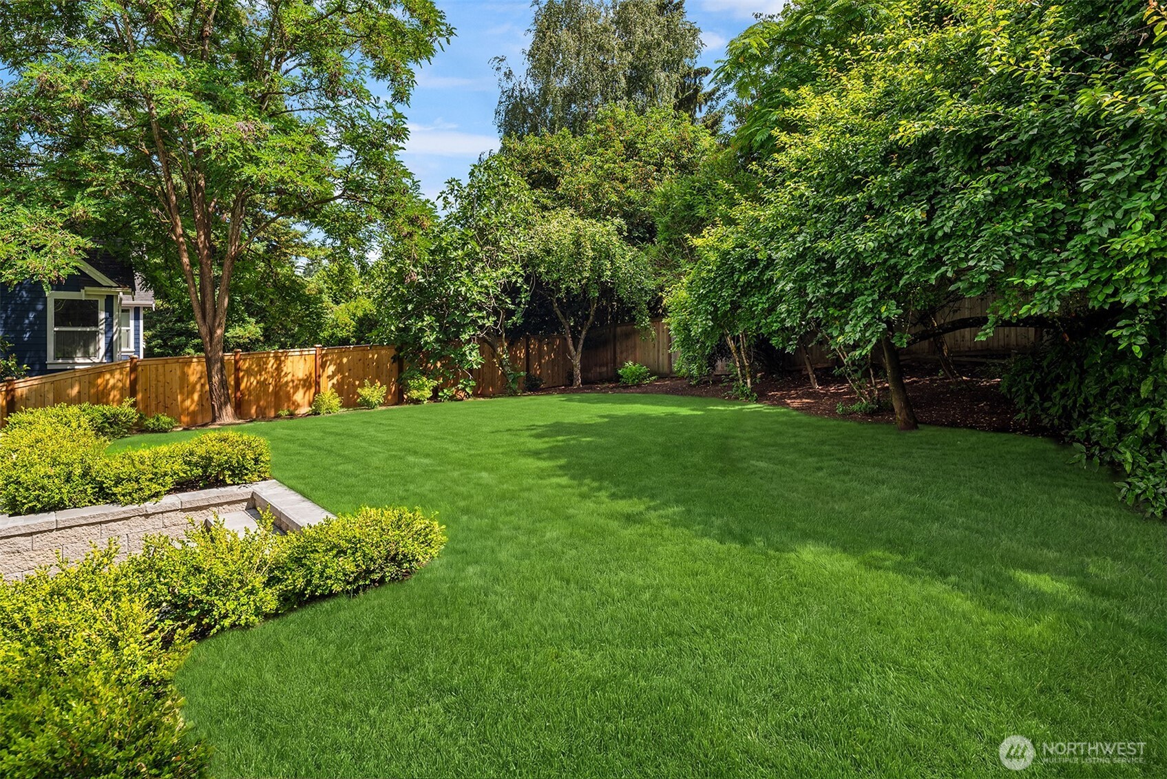 Spacious backyard lawn framed by mature trees