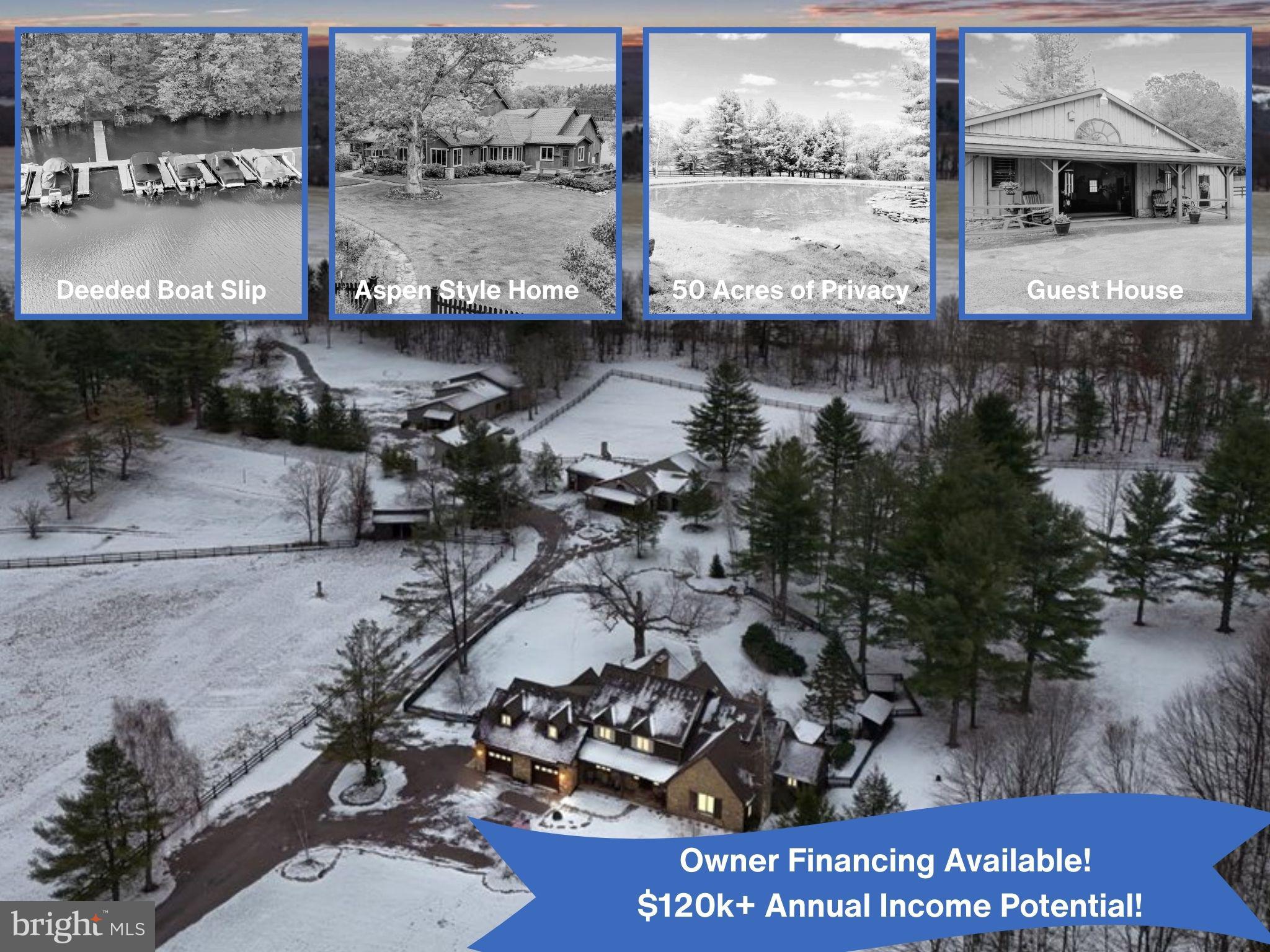 Welcome to Double Eagle Ranch — quite possibly the most beautiful property in Garrett County. This iconic 50-acre estate is set in the heart of Deep Creek Lake and includes its own deeded waterfront parcel with a brand-new dock, giving you private lake access just minutes from the property. Rarely does an offering combine such incredible privacy, natural beauty, and income-producing potential in one place.The estate features two remarkable homes with a proven rental history generating over $120,000 annually in gross income. The main Aspen-style residence was thoughtfully crafted by the current owners with timeless details such as hand-scraped hardwood floors, plaster walls, three fireplaces, and expansive windows that frame breathtaking views. The home includes five bedrooms, multiple gathering spaces, a gourmet kitchen, a game room, and a spacious mudroom with a dog wash station — all designed for comfort and entertaining.A second dwelling, known as The Bunkhouse, provides an additional income stream or the perfect setup for multi-generational living, guests, or retreats. Together, the two homes create a turn-key opportunity to generate income that can significantly offset ownership costs while still enjoying the privacy and beauty of this extraordinary estate.The land itself is nothing short of spectacular. Rolling fields, wooded trails, and five stocked fishing ponds create a landscape that is both usable and serene. The property also includes multiple barns and outbuildings, RV hookups, and ample parking, making it ideal for hosting events, weddings, or retreats. For the visionary buyer, the investment potential extends even further: the property spans two parcels totaling nearly 50 acres, with the possibility to develop up to seven additional homes.Double Eagle Ranch is more than a home — it’s an opportunity. Whether you envision it as a private retreat, a family compound, or an income-generating estate with multiple streams of revenue, this property offers the best of both worlds: acres of privacy and beauty, plus the financial upside of established rental history and future development potential. With unmatched natural beauty, prime lake access, and a proven income model, this is a once-in-a-lifetime chance to own one of Deep Creek Lake’s most iconic legacy properties.50 Year Architectural Shingle Roof '21! Filtered and Oxidized Water! Instant Hot! 250+ Electric! The entire farm is wired for a generator! Septic Expanded and Updated in '22!