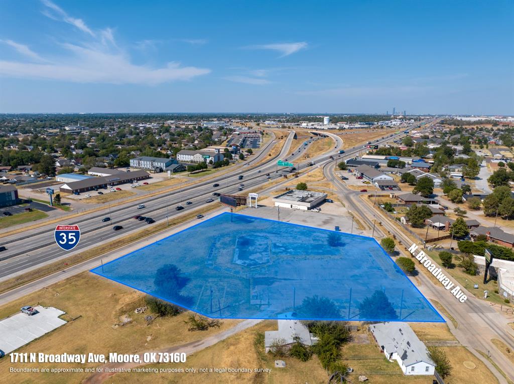 Prime commercial development site in Moore with great visibility from I-35. This approximately 2.23-acre tract has about 319 feet of frontage on the I-35 service road and about 236 feet of frontage on N Broadway, with easy access near an I-35 on/off ramp.The property is zoned C-3, which supports a wide range of commercial uses. It is well suited for a hotel or other hospitality use, restaurant, retail, office, auto-related business, or other commercial development, subject to buyer's verification with the City of Moore.