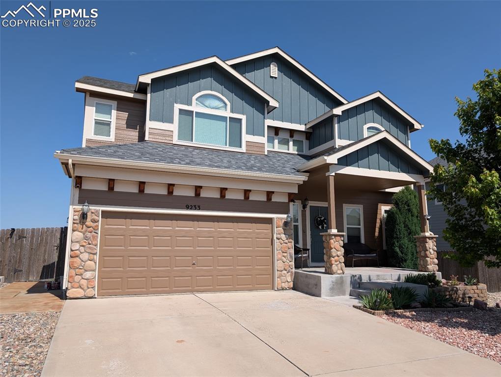 This gorgeous home has a great floor plan on the main level. Once you enter the home there is a front sitting room/office on your right, with the stairs to the upper level on your left and high ceilings above. As you continue into the home there is a carpeted living/great room that opens up into the kitchen with granite counters, wide island, 42" cabinets, wood floors, and dining room which has a door to the deck. The main level walks out to a nice deck, overlooking wildlife filled expansive views of open space and Jimmy Camp Creek. On the upper level you will find four large bedrooms, including the huge master bedroom with a sitting area and lots of windows and natural lighting. Laundry area is on the upper level so no more hauling it up and down the stairs. The basement has one additional bedroom and a very useful family room. There is a full bathroom in the basement, a half on the main level, and a full upstairs as well as the luxurious 5-piece master bath. And the finished basement walks out to the landscaped backyard which has fruiting trees. There is also a spacious 3 car tandem garage. There is a trail system behind the house. This house is also very conveniently located near Ft Carson, Peterson SFB, Schriever SFB, and is the perfect launching pad for going on many adventures throughout Colorado! New Roof with high impact shingles replaced this year. And brand new exterior paint!