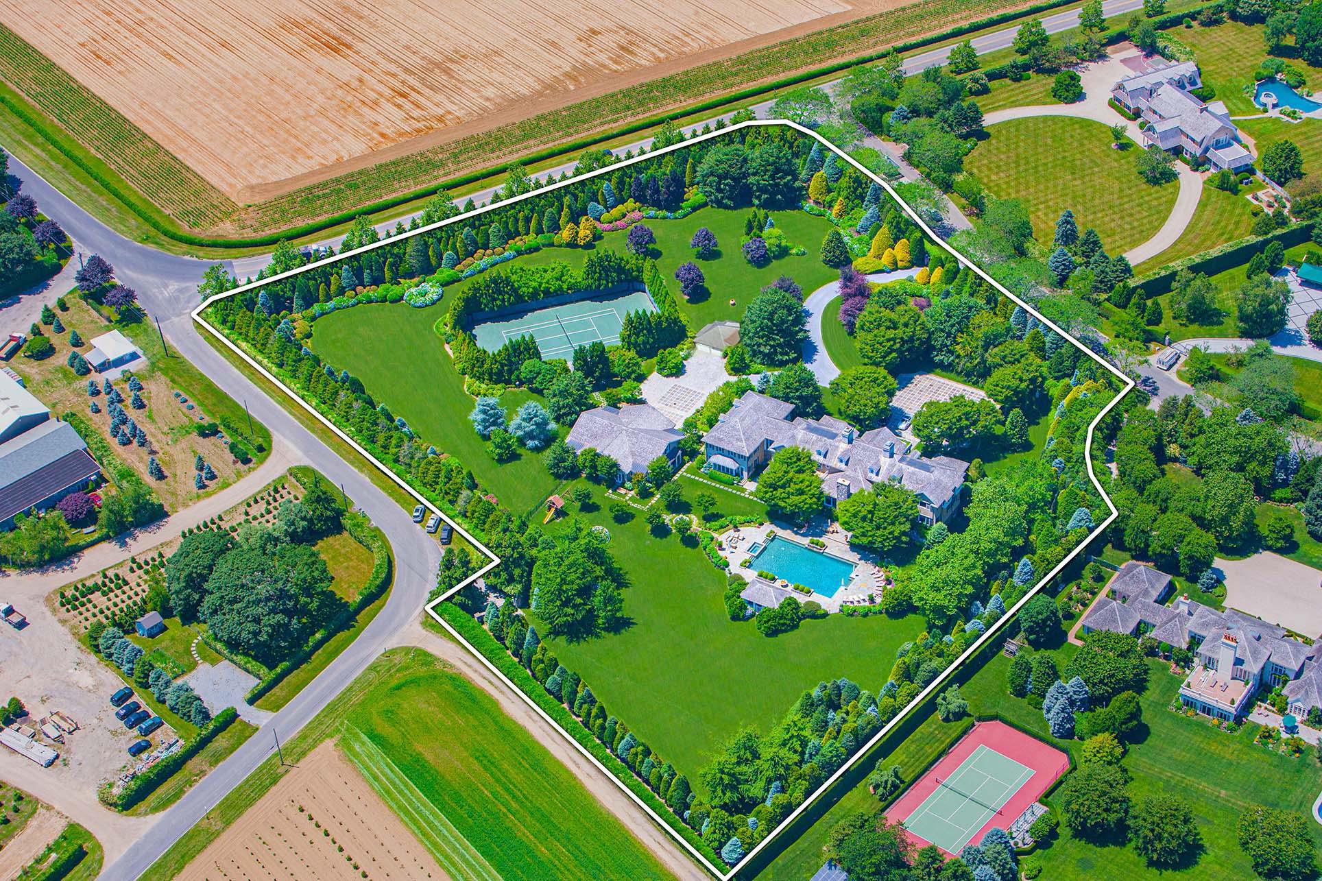 Located south of the highway in Southampton's prestigious Fordune Association and just moments from the ocean, close to town, this exceptional estate represents the epitome of luxury living in the Hamptons. Over 5.5 acres, the property boasts expansive lawns, meticulously-maintained gardens and millions of specimen plantings, ensuring unmatched privacy, tranquility and a parklike, amenity-rich environment. Built under the most rigorous commercial building standards/codes,  This magnificent residence of approximately 20,000 square feet (including the finished lower level) and including 2,634 square foot accessory building that serves as a state-of-the-art fitness center.  Additionally enjoy the pool house, saltwater 40x60 swimming pool, tennis court with pavilion, basketball court and a 2-car garage/service building, primarily used for storing golf carts, which provide access to the ocean beach via the Fordune Association's beach access right of way.The home includes 13 bedrooms, 14 full baths and 2 half baths, a grand foyer entrance boasting 20 foot high ceilings and a one-of-a-kind Natural American and Brazilian walnut staircase and wood flooring. Impressive 35 x 25 foot living room with 21 foot ceilings and fireplace. The east wing first floor houses a media room, a beautiful office/library with a stunning walnut finish and coffered ceilings, and a bedroom suite.The second floor includes a library and 2 bedroom suites,  the expansive suite  primary bedroom with a sitting area, 4 closets, a large walk-in, 2 bathrooms and a balcony.  The west wing first floor features 2 bedroom suites, a junior primary bedroom, formal dining room and a professional kitchen with an expansive sitting area plus breakfast area. A second staircase leads to the very private guest wing with 5 bedroom suites. The lower level, includes a state-of-the-art wine storage, a recreation room with a fireplace and media room and private staff/guests quarters with a living room, 2 bedrooms and 2 full baths., Additional information: ExterioFeatures:Tennis,Interior Features:Guest Quarters,Lr/Dr