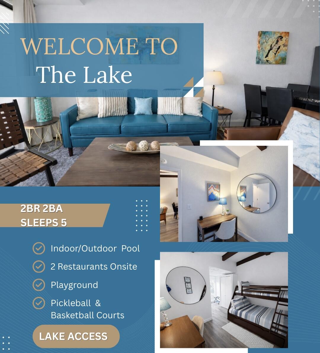 WALK-IN . No stairs.  NEW HVAC. NEW ROOF. ALL NEW APPLIANCES. Successful Nightly Rental. Fully Furnished. This 2BR 2BA newly renovated condo is just steps from the Outdoor Pool, Children's Playground, Basketball Court & Pickleball Courts.  Additional amenities include an indoor pool, 2 on-site Restaurants, and 2-minute walk to the shoreline for swimming and fishing. Enjoy a King bed with private patio access and a Twin over Full Ensuite with a tub/shower combo.  Designer upgrades are everywhere you look. A Cozy Living Area, well equipped kitchen, are included to provide the essentials for an amazing Vacation Getaway, Retirement home or Lucrative investment!  Groceries are located across the street from the resort.  Less than one mile to Port of Kimberling Marina & What's up Dock Marina for Boat Rental and Boat Launch.  Trailer parking available on property. 9 Miles to Silver Dollar City. 11 Miles to Dogwood Canyon.  13.5 Miles to the Branson Strip. 20 Miles to Branson Landing.