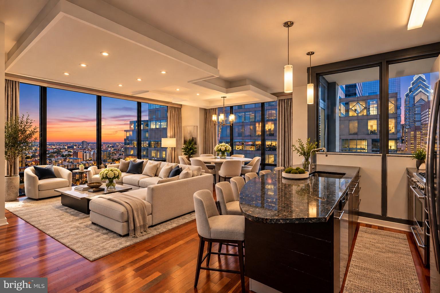 Experience luxury high-rise living from the 35th floor at the prestigious Murano! Welcome to residence #3507, an ultra-rare north-facing one-bedroom, one-full-bath home offering approximately 976 square feet of sophisticated living space paired with breathtaking panoramic skyline views stretching endlessly across Center City Philadelphia. Rarely available and highly sought after, only a limited handful of this oversized one-bedroom layout exist within the building—especially on a premier higher floor with this exceptional exposure and vantage point. This sun-drenched residence features floor-to-ceiling windows that flood the home with natural light while showcasing dramatic city views day and night. The spacious open-concept layout offers an ideal blend of comfort and functionality, perfect for both everyday living and entertaining. The oversized living and dining area flows seamlessly into the modern kitchen complete with sleek cabinetry, granite countertops, stainless steel appliances, and generous prep space. The expansive primary bedroom offers incredible natural light, ample closet space, and direct access to the beautifully appointed full bathroom. Additional highlights include hardwood flooring, in-unit laundry, and abundant storage throughout. Included with the sale is an assigned parking space and private storage locker—an exceptional value and convenience in Center City living. Residents of The Murano enjoy a luxury amenity package including a 24-hour concierge, heated indoor pool, state-of-the-art fitness center, community lounge, sun deck, and more. Ideally located steps from Rittenhouse Square, fine dining, shopping, Trader Joe’s, 30th Street Station, and Philadelphia’s premier business district. A truly rare opportunity to own one of the building’s most desirable one-bedroom floor plans with unmatched north-facing views and premier floor height.