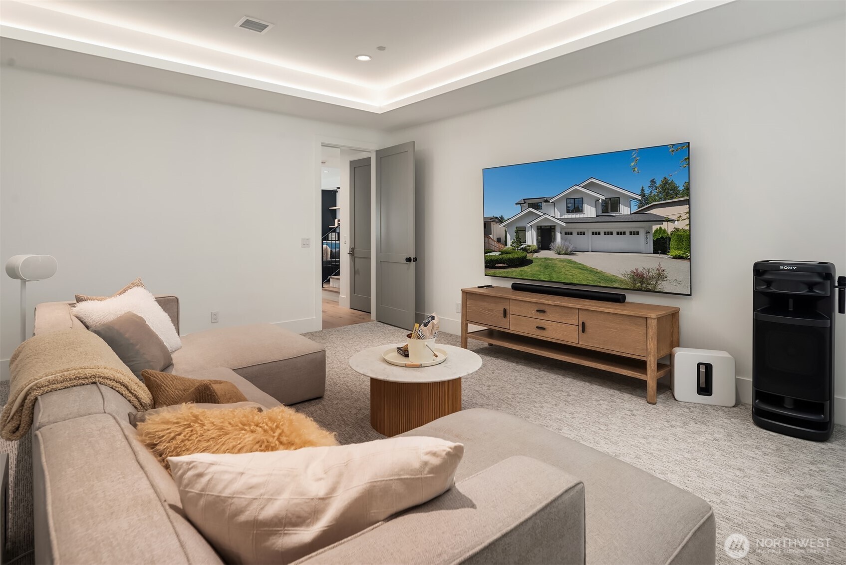 Media room with built-in speakers