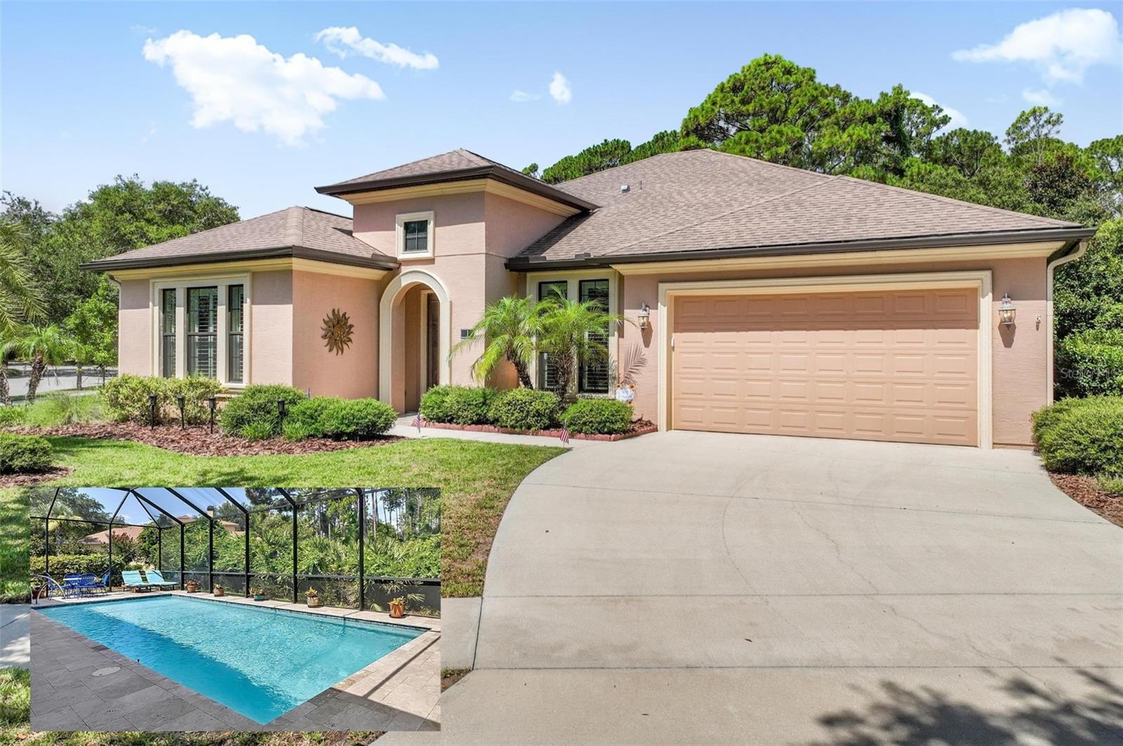 Grand Haven Home… One of the best in this fabulous community.  This pool home finished in 2019 on a big, beautifully landscaped corner lot (.471 acre) in North Park Village, inside the gated community. You will LOVE the open concept layout features 10 foot ceilings and 8 foot doors, with a spacious great room that looks out through triple sliders to the screened pool and quiet preserve beyond. The eat-in kitchen features a granite island, stainless appliances, a new GE dishwasher, under cabinet lighting, and plenty of cabinet space for entertaining. The living area has a small electric fireplace and electric blinds on the rear slider, and the front door. Split floor plan with a large primary suite and en suite bath, plus two guest bedrooms. Plantation shutters throughout, upgraded tile in the main living areas, and luxury vinyl flooring in the bedrooms. The lanai is the showpiece: a large screened heated saltwater pool (2021) with a new pump and new salt cell, pool lighting all around, travertine deck, electric awning, and a full outdoor summer kitchen with granite counters, grill, and fridge. New Lawn irrigation system with new pump keeps the landscaping looking sharp. The 2 car garage has an epoxy floor and high metal shelving for extra storage. 75" TV in the great room is included. Short walk to the fitness center. Enjoy everything Grand Haven offers, including the Jack Nicklaus 18 hole golf course (membership available), 2 amenity centers, 2 heated pools, croquet, 7 tennis courts, 4 pickkleball courts, Waterside Cafe, and walks along the promenade by the Intracoastal Waterway.