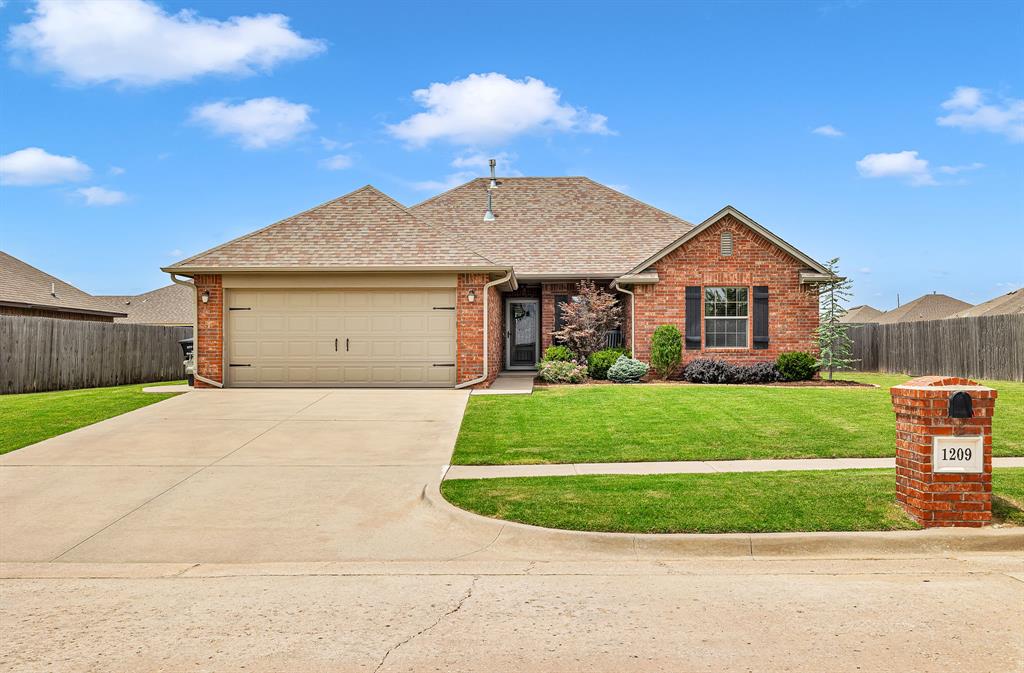 Welcome to this well maintained and updated home in Moore!  Entry way, living room, kitchen and dining area showcase an open floor plan with high ceilings. Tons of storage options in this home including a front entryway closet, a pantry in the kitchen, and a separate walk in closet and regular closet in the primary.  Newly installed fireplace backsplash and mantle is a showstopper for the living room. Primary bedroom on one side of the home is separate from the other two bedrooms. Installed wood look tile runs throughout the home including the bathrooms. Carpet is only in the two spare bedrooms. New light fixtures have been installed in the dining room , entry way and both hallways. Paint and trim updates through most of the home. New back splash in kitchen gives the kitchen a newer modern look with distressed kitchen cabinets. New hardware for the kitchen and primary bathroom along with a new faucet for both bathrooms update the feel of the home. A lot of love and care has went into this home including gutters that were installed in 2019, a sprinkler system, front storm door, A/C condenser unit in 2024, 7X10 storm shelter in the back yard and a 10X10 storage shed. Buyer to verify all info.