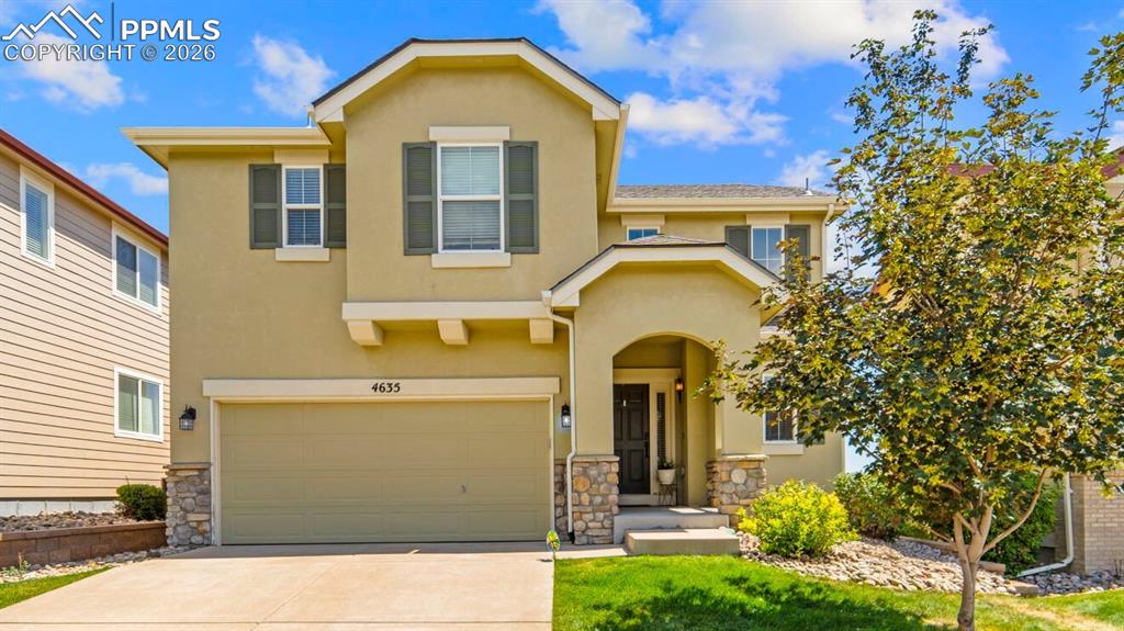 Welcome to this beautifully maintained two-story stucco home in the desirable Falcon Ridge neighborhood. With 3 bedrooms, 2.5 bathrooms, a spacious loft, and a 2-car garage, this property offers both style and convenience.The main level features hardwood floors that flow throughout the open layout, connecting the bright living room, generous dining area, and a well-appointed kitchen. The kitchen boasts ample cabinet and counter space, stainless steel appliances, and a layout perfect for both everyday living and entertaining.Upstairs, you’ll find three large bedrooms and a versatile loft, ideal for a home office, playroom, reading nook, or workout area. The luxurious primary suite includes a 5-piece bathroom with dual vanities, an oval soaking tub, a walk-in shower, and a spacious walk-in closet. Hardwood flooring continues upstairs, giving the home a seamless and modern feel.The HOA covers both lawn care and snow removal, giving you the benefit of a low-maintenance lifestyle. Enjoy nearby walking trails and the pet-friendly community setting, with convenient access to Powers Blvd, Highway 24, shopping, dining, parks, schools, and military bases.This home offers the perfect balance of comfort, functionality, and Colorado living. Don’t miss your chance to make it yours!