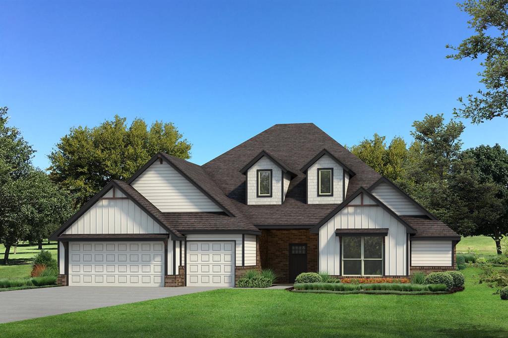 This Rhody floor plan includes 3,590 Sq Ft of total living space, which includes 3,100 Sq Ft of indoor living space and 490 Sq Ft of outdoor living space. There is also a 590 Sq Ft, three-car garage with carriage doors and an in-ground storm shelter installed. This sensational home welcomes TWO primary suites, 2 secondary bedrooms, 3 full bathrooms, a half bath, a mudroom, a utility room featuring a utility sink, and covered patios. The living room presents a cathedral ceiling that extends from the living room to the kitchen, a cathedral chandelier, wood-look tile flooring, a 3-panel sliding door, Cat6 wiring, rocker switches throughout, and a stacked stone gas fireplace. The outstanding kitchen features stainless steel appliances, including double ovens and a 5-burner cooktop, custom-built cabinets to the ceiling, decorative tile backsplash, exclusive pendant lighting, 3 CM countertop, a walk-in pantry, and a kitchen island equipped with a trash can pullout. Both primary suites support a sloped ceiling detail with a ceiling fan, manicured windows, Cat6 wiring, and carpeted flooring. The primary baths welcome a free-standing tub, a separate sink vanity with framed mirrors, 3 CM countertops, tile flooring, a private water closet, a European walk-in shower, and huge walk-in closets. Secondary bedrooms sit at the front of the home, sharing a Jack-and-Jill bath and include walk-in closets, 10’ ceilings with a ceiling fan, windows, and carpeted flooring. Outdoor features include a wood-burning fireplace, a gas line, and a TV hookup. Other amenities include a tankless water heater, a whole home air filtration system, and so much more!