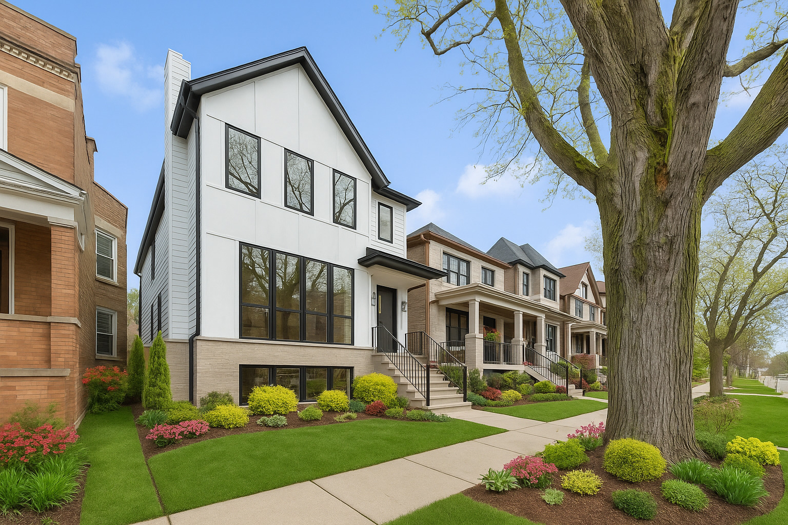 Just Completed | Bell School District | Rare 30-Foot Lot | Over 5,200 Sq Ft of Luxury Living    A rare opportunity in North Center: this brand-new residence by GT Builders-renowned for more than 30 years of excellence-offers 5,200+ square feet of refined living on an extraordinary 30-foot-wide lot in the coveted Bell School District. Featuring 6 bedrooms (including 4 on one level) and 5.2 baths, it blends architectural sophistication with modern comfort at every turn.    From the moment you step inside, you're greeted with impeccable detail and sophistication: wide plank white oak floors, soaring ceilings on all levels, exquisite millwork, and two statement fireplaces set the tone for elevated living.    The chef's kitchen is a true centerpiece, anchored by a dramatic quartzite island and fully equipped with Thermador appliances, custom cabinetry, a walk-in pantry, and a coffee bar/butler's pantry. Designed for both entertaining and everyday living, the kitchen and family room flow seamlessly to a professionally landscaped backyard and a garage rooftop deck with pergola-creating unmatched indoor-outdoor harmony.    The primary suite is a private sanctuary, boasting dual oversized walk-in closets and a spa-caliber bath with a steam shower, soaking tub, and radiant-heated floors.    The lower level is designed for entertaining with a vast recreation room, full wet bar, home theater wiring, two additional bedrooms, and a secondary laundry room.    Lifestyle & Amenities  This residence is designed for the way you want to live-where elegance meets effortless convenience. Inside, smart home automation, built-in speakers on the main level and in all four upper-level bedrooms, an integrated security system, and an EV-ready heated 2.5-car garage ensure comfort and peace of mind. Snowmelt front steps add year-round ease, while the outdoors extend your living space with a professionally landscaped backyard and a spectacular garage rooftop deck with custom pergola-perfect for dining, entertaining, or simply unwinding in style.      Situated within walking distance of St. Ben's, neighborhood parks, boutique shopping, and acclaimed dining, this home offers a lifestyle of luxury, convenience, and community.     *Some photos are virtually staged.