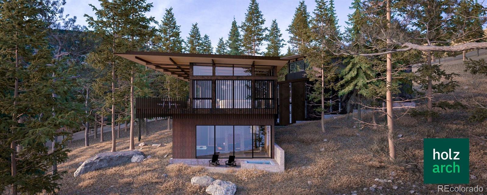 Pricing reflects the design by Holz Arch featured on this particular lot. Home is not currently under construction, but can be built once a Buyer has purchased the building site and entered into a contract with Gruber Custom Homes for the construction of this design along with the specific finishes. All final pricing, finishes, design, floor plans etc. are subject to change. Tree House is designed to nestle into the heavily forested hillside. The existing lot is filled with many mature pine trees and an impressively massive table-like boulder that is prominently featured at the bottom edge of the slope. The primary motive for the 6,000 square foot building is to translate the experience of visiting an untouched site into a design that sensitively inhabits that very site.
The approach to the home starts with access from the uphill Milner Drive and quickly meanders downwards to the entry. The zig-zag plan is inspired by the fallen branches that smatter the site. The organizing design feature of the home is a main hallway which cuts diagonally across the plan, with groups of rooms branching off along its length. There are split levels for each of the two floors, which step downward to maintain a close connection to the landscape beyond the walls. Oversized openings and dramatically cantilevered roofs expose living conditions that jut outward from between the trees, like a pine bough reaching out for sunlight. Four bedrooms are distributed amongst the arrangement of volumes, with the Owner’s suite perched highest of all, overlooking the lower house below and towards the magnificent views beyond. The design for Tree House intends for the home to live like its own forested setting. ABOUT CANYON PINES: 35 minutes to Denver, 20 minutes to Boulder and 15 minutes to Golden. All 93 homesites include municipal sewer and water, and fiber optic data connection. For more information on architectural styles, 150+ acres of open space, and more visit CANYONPINES.COM