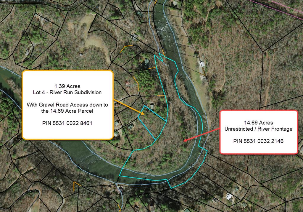 A Unique and Special Offering: Hiwassee River Property This exceptional property consists of two adjoining parcels totaling approximately 16.08 acres, offering a rare combination of buildable upland and expansive river frontage along the scenic Hiwassee River in western North Carolina (near Murphy and Hayesville). Parcel 1: Lot 4 in the River Run Subdivision (1.39 Acres)  This is the only portion of the property legally suitable for constructing a single-family residence. Features include a welcoming gated entrance already in place, partial clearing, and stunning elevated views of the Hiwassee River below and the mountains across the river. Ideal homesite with convenient access.  Parcel 2: Riverfront Parcel (14.69 Acres)  A truly remarkable tract with over 2,000 feet of direct Hiwassee River frontage. Includes a section of the historic old railroad bed that once connected Murphy and Hayesville. Offers exceptional opportunities for personal recreation, fishing, kayaking, and enjoying the natural beauty of the river.  The current owner has created a driveway accessing Lot 4 and extending toward the old railroad bed. However, there is no established or defined legal access from Lot 4 to the riverfront parcel. Additional notes from recorded documents:  There is a right-of-way allowing an adjoining property (Lot 3) a walking path across the property to the river (refer to Deed Book 477, Page 60). River Run covenants include a 15-foot right-of-way along Lots 7 & 8 for walkway access to the riverside (refer to Deed Book 115, Page 91).  Important Disclosure: The riverfront parcel is intended primarily for the personal enjoyment and recreation of the owner of Lot 4. There is no known guaranteed legal vehicular access to the riverfront area. Prospective buyers are strongly encouraged to consult a qualified North Carolina real estate attorney familiar with local land use, easements, ingress/egress rights, and subdivision covenants prior to purchase to fully understand access.