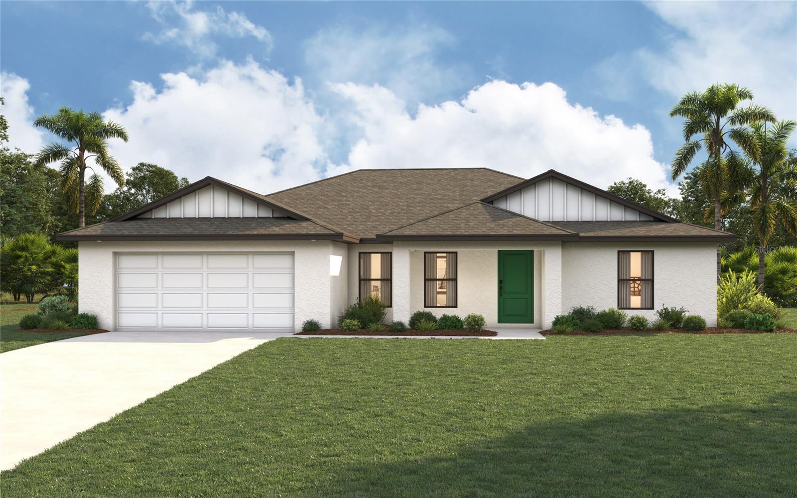 Under Construction. Estimated delivery Dec/Jan. SPECIAL INCENTIVES: Get up to $16k toward closing costs, rate buydowns, and prepaids at closing when using preferred lender and title. The St. Augustine blends elegant design with everyday functionality, offering the perfect balance of indoor comfort and outdoor living. A welcoming covered front porch leads into the heart of the home, where an open-concept layout with a vaulted ceiling creates a sense of spaciousness and flow. The dining area with double windows, gourmet kitchen with a freestanding island and pantry, and expansive Great Room with sliding glass doors all work together to maximize natural light and create an inviting atmosphere. Step outside to the large covered lanai—ideal for relaxing or entertaining. The private Primary Suite is a true retreat, featuring two generous walk-in closets and an en-suite bathroom with a dual sink vanity, a tiled walk-in shower, and a large linen closet for added convenience. On the opposite side of the home, three additional bedrooms provide flexibility for family, guests, or the perfect home office. Additional features include: Quartz countertops in kitchen and baths, Shaker-style cabinetry with soft-close doors, stainless steel kitchen appliance package, upgraded plank tile flooring in main living areas, hurricane-impact windows and doors, covered entry, and an attached 2-car garage with direct access to the laundry room. Pictures, renderings, & virtual tour are of similar home & are used for display purposes only.