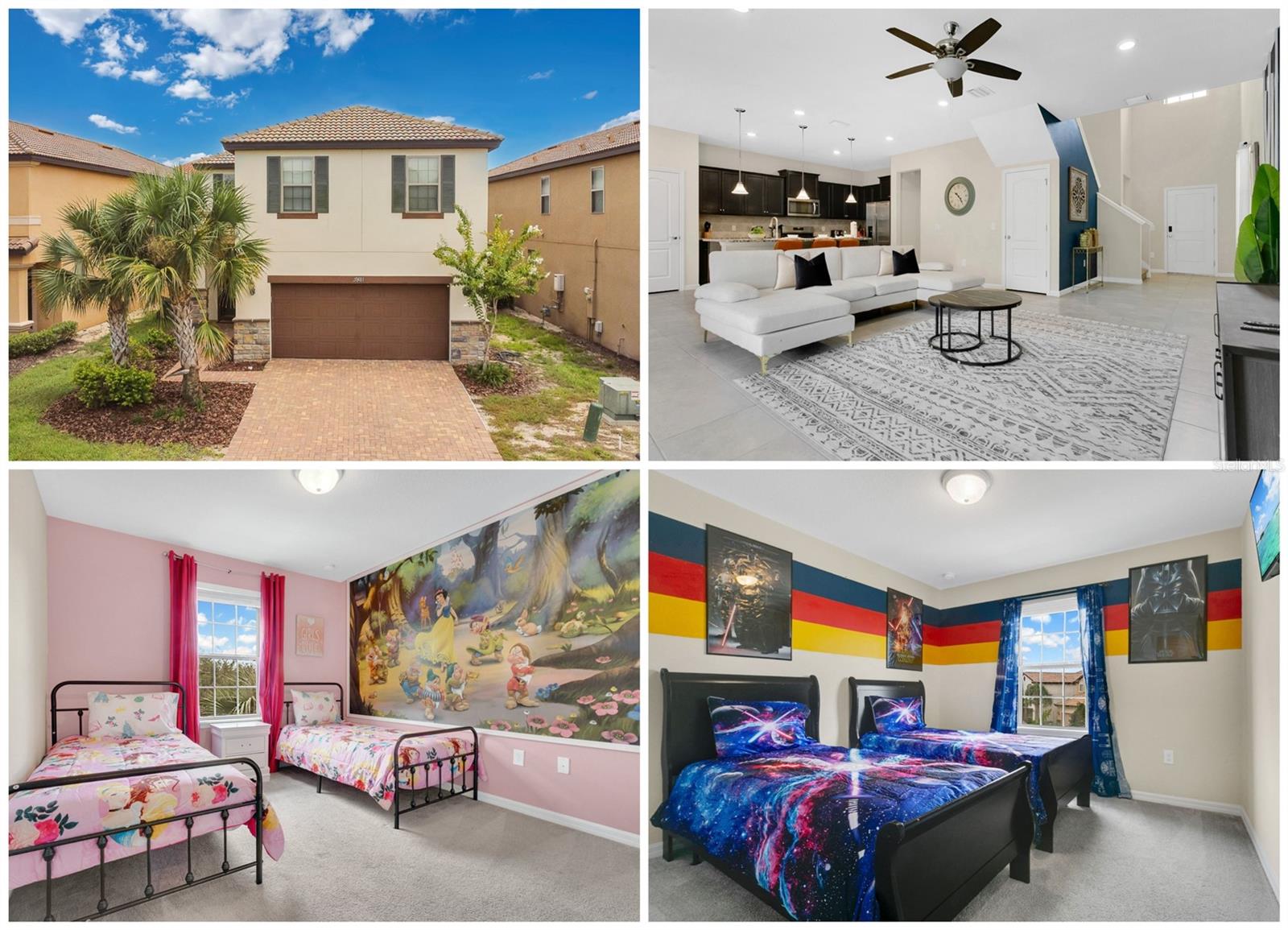 Great Value on a Beautiful 5-Bedroom Pool Home in Solterra Resort!Welcome to this like-new, fully furnished vacation home built in 2018, located in the sought-after Solterra Resort—one of Central Florida’s most popular vacation destinations near Orlando’s world-famous theme parks.This spacious and tastefully decorated home comfortably sleeps up to 10 guests. The first floor features a convenient guest bedroom with a charming beach theme and a full bathroom—perfect for multigenerational stays. Upstairs, you'll find an oversized owner’s suite, an additional en-suite bedroom, and two themed guest rooms (Princesses and Star Wars) that will delight guests of all ages.The open-concept kitchen boasts granite countertops throughout, stainless steel appliances, a gas stove, kitchen island, and a dining area that flows into an elegant and vibrant living space—ideal for entertaining. Sliding doors lead to your private pool and patio area, offering the ultimate Florida lifestyle.As part of the Solterra Resort, homeowners and guests enjoy access to world-class amenities including a resort-style pool, lazy river, water slide, cabanas, tennis and volleyball courts, walking trails, fitness center, clubhouse, and Café Sol bar & grill—all surrounded by swaying palm trees and sunny Florida skies.Located just minutes from Walt Disney World, Universal Studios, SeaWorld, and Orlando’s top attractions. Whether you’re looking for a full-time residence, vacation getaway, or income-producing short-term rental (Airbnb, VRBO, etc.), this home offers it all.HOA fees include lawn care, basic cable, high-speed internet, and daily trash pickup.Don’t miss your chance to own a piece of paradise in one of the most desirable vacation communities in the world!