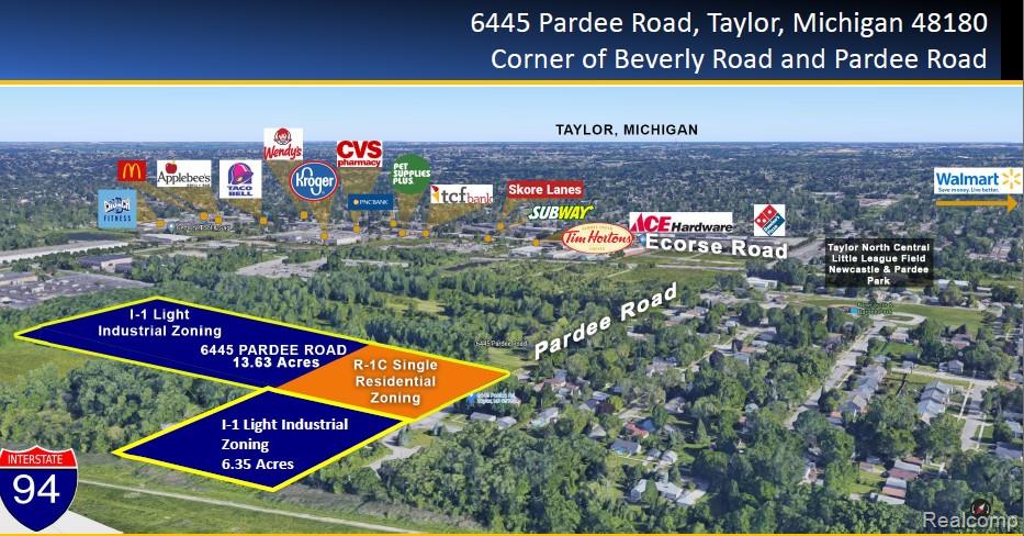There is option to purchase the site next to this one at 6445 Pardee that is 13.63 acres. ProVisions, LLC is pleased to present Pardee & Beverly, located at 6445 Pardee Rd., in Taylor, Michigan, 48180. This 20-acre lot of industrial and/or residential zoned land is located at the intersection of I-94, with 157,000 vehicles per day, and Telegraph Rd., with 75,000 vehicles per day. Only 10 minutes from DTW (Detroit Metropolitan Airport), it stands in proximity to one of the largest airline hubs in the U.S. as the primary airport gateway to Asia for the Eastern U.S.. Additionally, several large trucking and warehouse proprieties are located in the area.Positioned in a federally designated Opportunity Zone, providing unique tax incentive opportunities for eligible investors seeking to maximize returns.492’ x 1,206 LotCash or Land Contract AcceptedR-1C Single Residential Zoning 390’I-1 Light Industrial 492’ x 816’I-1 Light Industrial Uses Include:Manufacturing, Warehouse & DistributionData CenterMedical Clinics & LaboratoryGreenhouse/NurseriesStorage FacilityShowroomFlex SpaceResearch  & DevelopmentManufacturingWarehousingDistributionRe-zone the entire 20 acres to R-1C Single Residential UseApproximately 57 Single-Family detached dwellingsAdult Foster Care Family HomeFoster Family Group Home