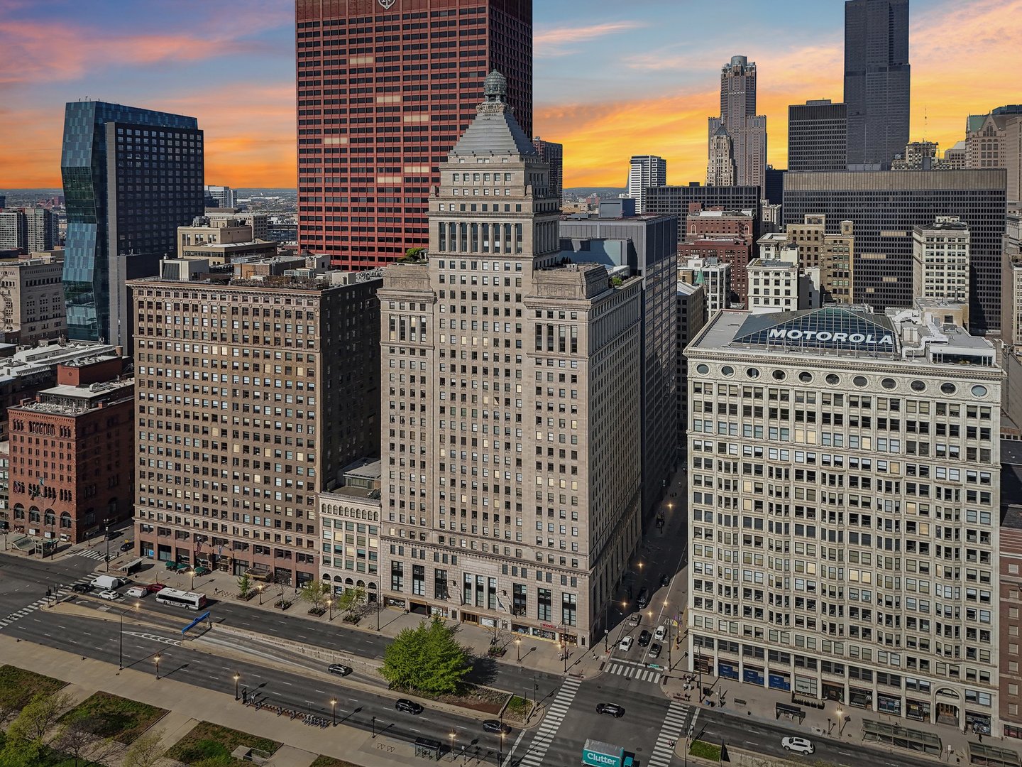 Iconic 1920's Art Deco Metropolitan Building with Grant Park and the Lakefront as its front yard. Breathtaking Skyline, Park and Lake views, protected. Enjoy spectacular Chicago Fireworks from the living room and bedroom windows! Unique East exposure at this price point. Luxury residence boasts elegant wood floors and tall ceilings.  Inviting wide gallery foyer creates a warm feel and its perfect for wonderful art displays. The East facing living room with park and water views, opens to the kitchen. Amazing cabinetry space, large granite preparation areas enhanced with matching backsplash and high end appliances, GE Monogram stainless steel, chef's choice gas cooktop and separate oven. Ample storage throughout. Optional separate formal dining room or family room flex space, currently used as a bedroom, perfect for entertaining. The main bedroom is also East facing with water and park views and provides a perfect retreat, featuring a marble bath, complete with a separate tub and shower, featuring double closets. The 2nd bedroom overlooks the interior courtyard. Two garage spaces (Tamdem) sold separately. Huge same floor storage, full size.  Assessments that cover cable, and internet, heat, ac and some of Chicago's best amenities.  Double story party room and lounge, perfect for any occasion, full gym, sauna, steam room, conference room, rooftop patio, 24 hr doorstaff.  Some of the best amenities in Chicago.  Monthly assessments include just about everything, including heat, ac, garage, cooking gas, internet and more! Solid association, no special assessments.  No rental restrictions.