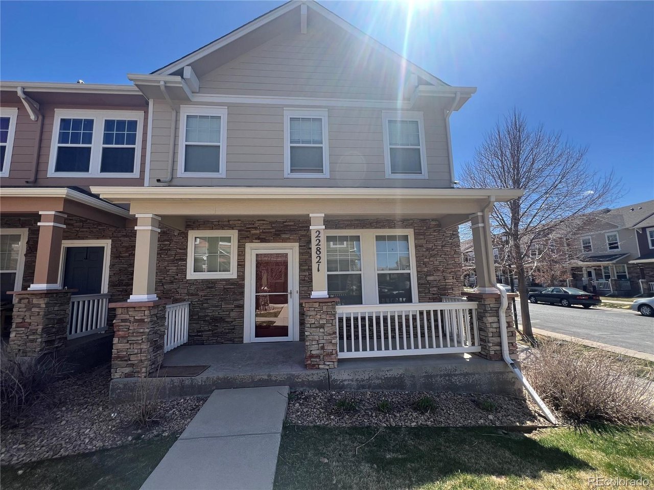 BEAUTIFUL & SPACIOUS (OVER 1800 SQUARE FEET OF LIVING SPACE AND FULL UNFINISHED BASEMENT AREA) END UNITTOWNHOME IN SADDLE ROCK EAST! Eat-in kitchen with stainless steel appliances, maple cabinets and tile countertopsright off of the family room. Vaulted ceilings in the living room. Large master bedroom with 5-piece bathroom and 2closets. Unfinished basement with high ceilings. Newer carpet throughout townhome. Trex deck on outside patio leadingthe the detached 2-car garage with shelving. Covered front porch. Pool community, tennis courts and trails. Close toSouthlands Mall and many restaurants.