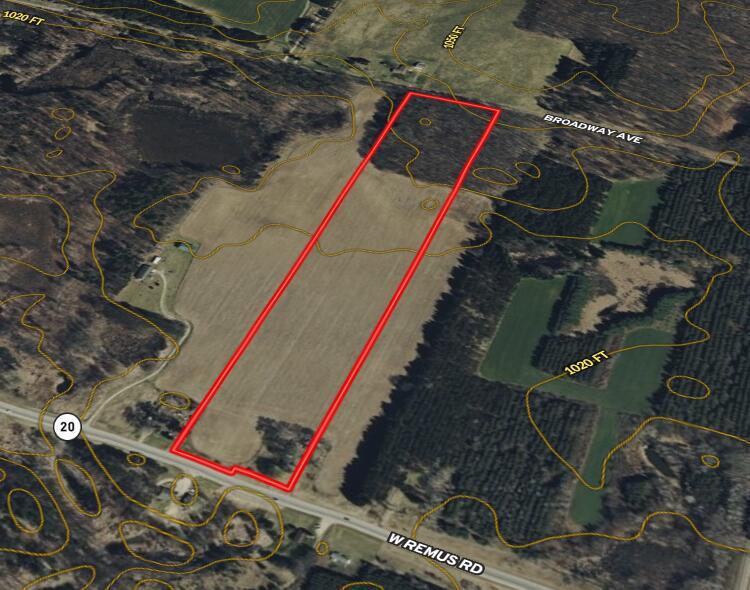 Affordable 26.6 Acres on Paved Road - Just East of Remus, Isabella CountyThis 26.6-acre parcel offers a mix of wooded, rolling terrain and income-producing tillable land, with frontage on both West Remus Rd (M-20) and Broadway Rd. The Broadway Rd. side is heavily wooded and private--ideal for a future home site on a quieter road.The property includes an old homestead structure located at 10282 West Remus Rd. The existing house is not habitable and would require a complete rebuild or removal. Please do not enter the structure--the roof and ceilings have collapsed in multiple areas, and it is unsafe.Approximately 7 acres are wooded and include the old homesite, with the remainder being productive farmland. Current use is Agricultural,Farm,Hunting,Recreational.