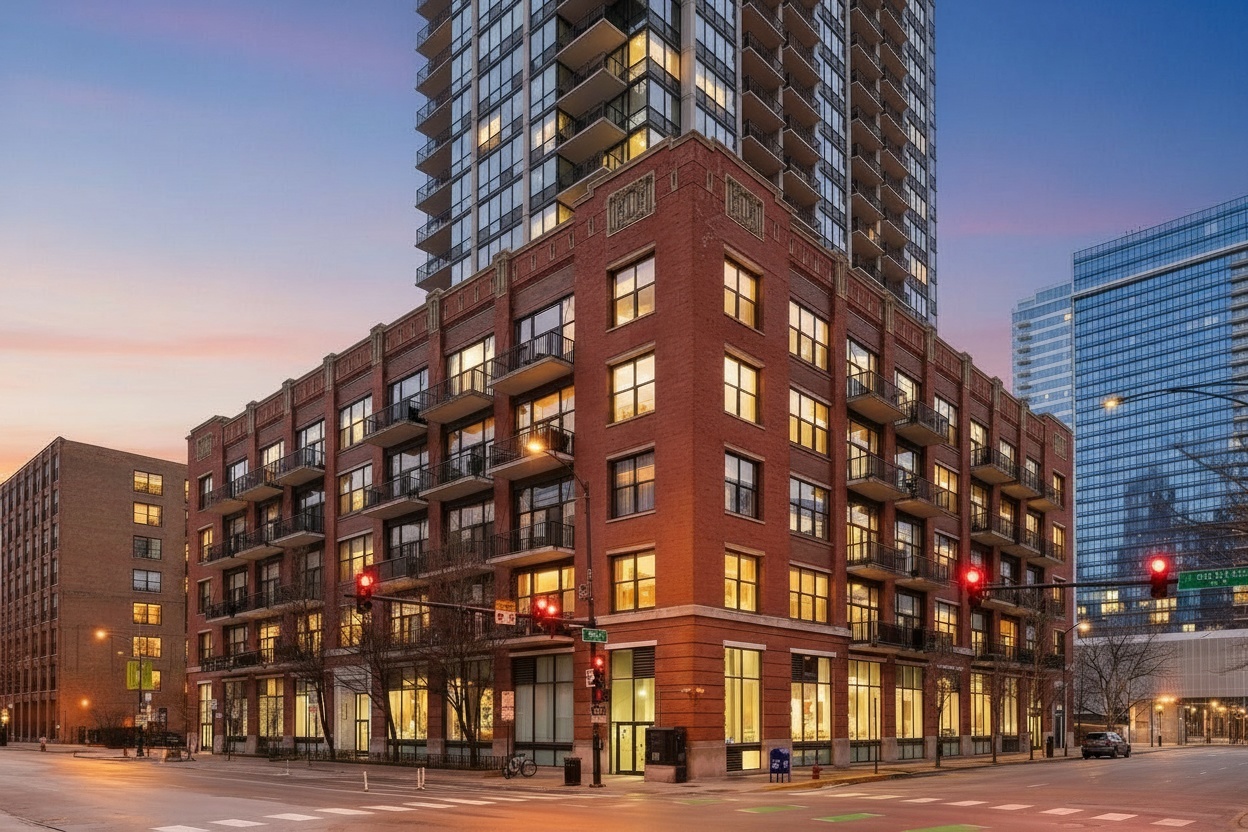 Urban loft vibes in the heart of West Loop Gate. This east-facing 1-bedroom, 1-bath home features soaring concrete ceilings, exposed ductwork, floor-to-ceiling windows, and hardwood floors throughout.  The updated kitchen offers freshly refinished navy 42" cabinets, granite countertops, tile backsplash, stainless steel appliances, and newer dishwasher and range. The spacious bedroom includes Elfa-organized closets, while the new LG ThinQ in-unit laundry tower adds everyday convenience.  Enjoy abundant natural light, a private balcony, and an included garage parking space located on the same floor as the unit. Assessments cover heat, A/C, gas, cable, internet, and water, leaving only a modest electric bill.  Amenities include 24-hour door staff, fitness center, community room, bike storage, additional storage, and professional management. Ideally located on a quiet West Loop street, just steps from Fulton Market, the Loop, UIC, Mariano's, Whole Foods, Union Station, Ogilvie Transportation Center, the Blue Line, and some of Chicago's best dining, nightlife, and entertainment.
