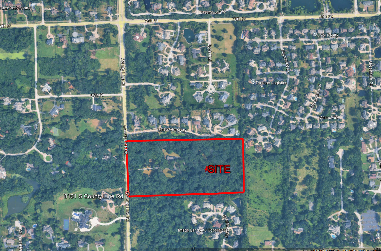 Great development opportunity in Burr Ridge.  Rolling, hilly contour landscape.  Beautiful grounds.  Home on property is ASIS. This site is ideal for upscale residential development.  Zoning has just been changed to R-2B which would allow for detached single family homes with a minimum lot size of 30,000 square feet.  Site can also be ideal for private estate, with flowing stream and hilly contour landscape. Site allows for horses.  Minutes to I-55, 294, Midway and O'Hare Airport. The loop is 25 minutes away. Award winning School Districts.