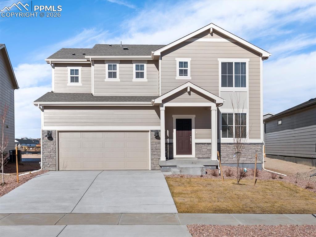Full Whirlpool appliance package, and full home blinds included for move-in convenience!Basement for future customization and storage!Open concept kitchen with granite countertops and pebble cabinets!The Dillon is a flexible two-story home featuring a main-floor flex space, open-concept design, and a central loft upstairs. With three bedrooms, 2.5 baths, and a two-bay garage across 2,126 sq. ft., this layout blends comfort and versatility. The Meritage Home difference includes spray-foam insulation, advanced air filtration for year-round comfort and healthier air, and durable cementitious siding known for its strength, fire-resistance, and long-lasting performance. Welcome home where every detail is built for comfort, efficiency, and LIFE. BUILT. BETTER.Enjoy resort style living in Meridian Ranch, where the Metro District provides beautifully maintained neighborhood parks, landscaped parkways, 24 miles of trails, plus access to the 42,000 sq. ft. Recreation Center with fitness amenities and community programs.  Residents also enjoy the newly built Fieldhouse, featuring numerous indoor activities and a state-of-the-art workout facility.  Additionally, the Metro District includes reliable water, wastewater, stormwater services, and streetlight maintenance.  Enjoy close proximity to Antler Creek Golf Course, shops, restaurants and so much more.  *This home may qualify for special incentives with Builders Preferred Lender for a limited time. Terms and conditions apply. See sales counselor for details!